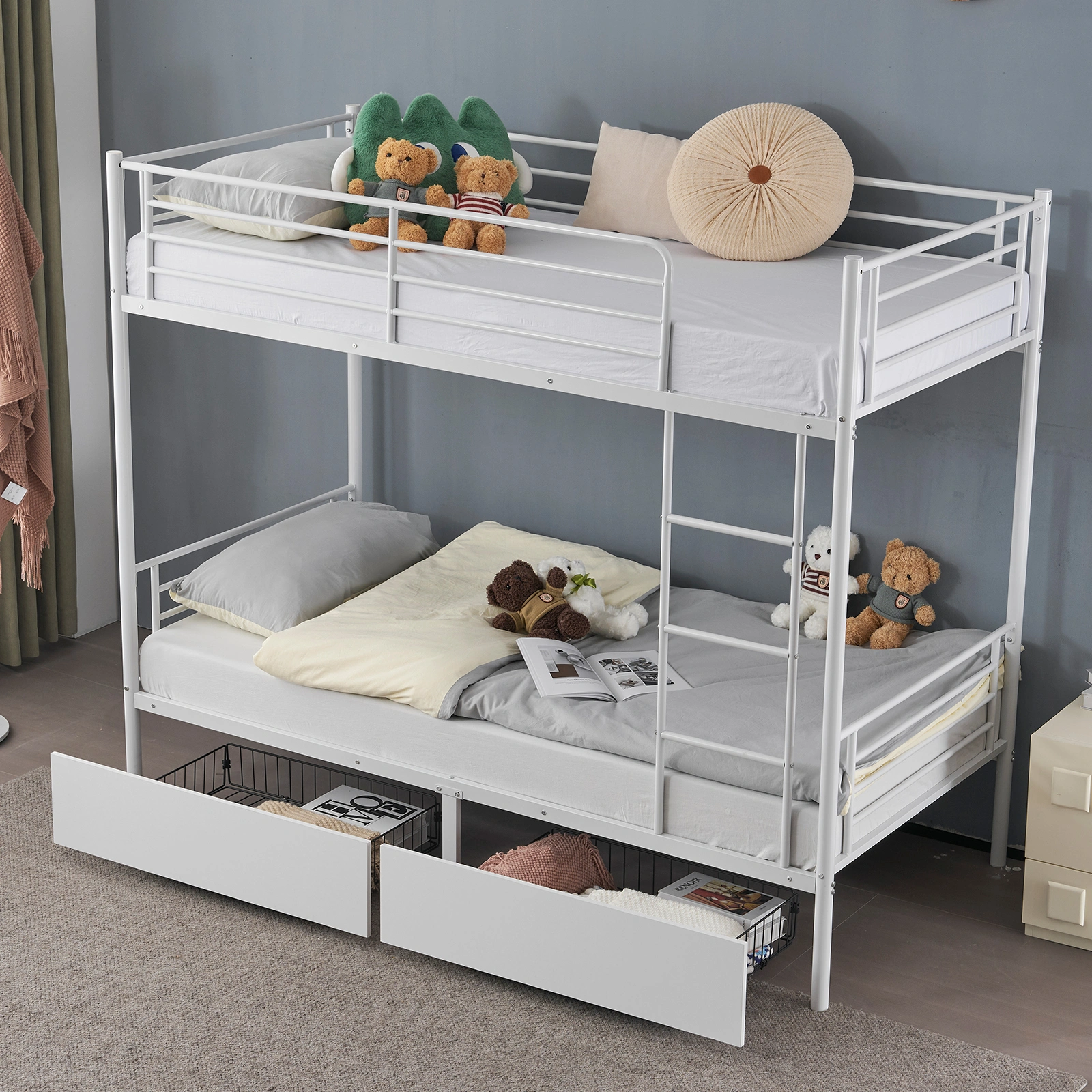 Twin Over Twin Metal Bunk Bed with 2 Storage Drawers, Full-Length Guard Rail, Heavy Duty Bed Frame for Kids Teens Adults, White
