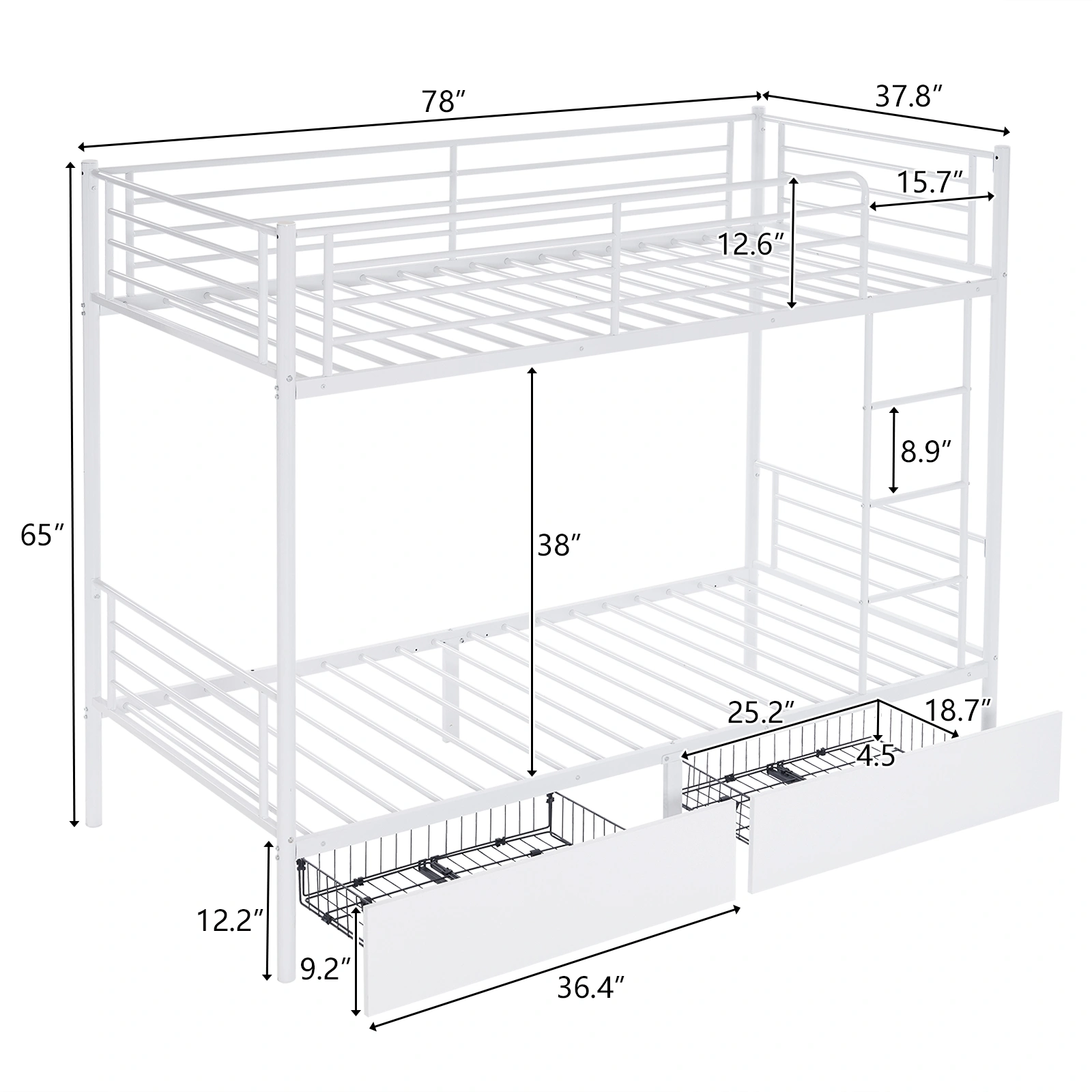 Twin Over Twin Metal Bunk Bed with 2 Storage Drawers, Full-Length Guard Rail, Heavy Duty Bed Frame for Kids Teens Adults, White view 3