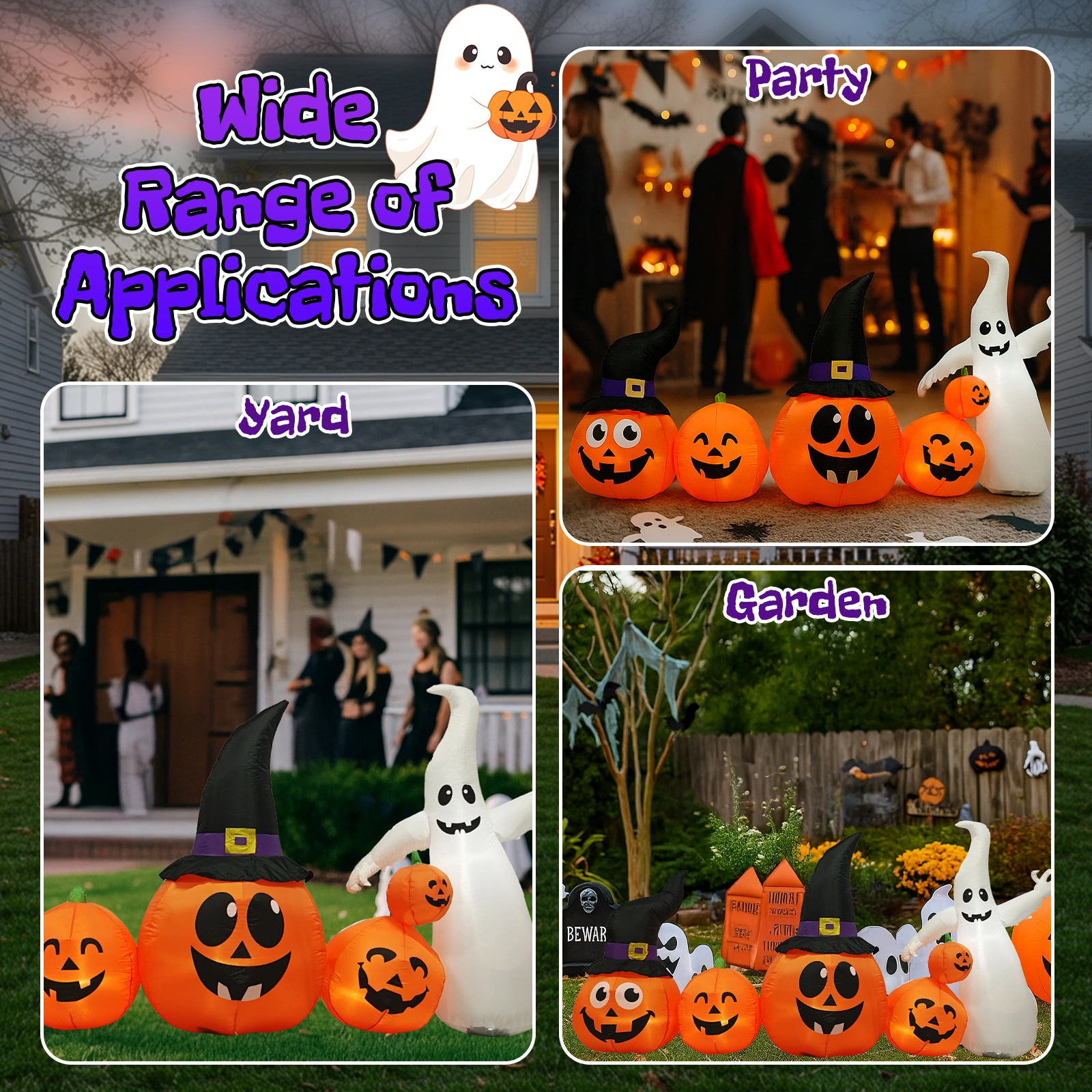 8FT Halloween Inflatable Pumpkins and Ghost Yard Decoration, Outdoor Indoor Blow Up Decor with Built-in LED Lights, Lawn Garden Haunted Display view 12