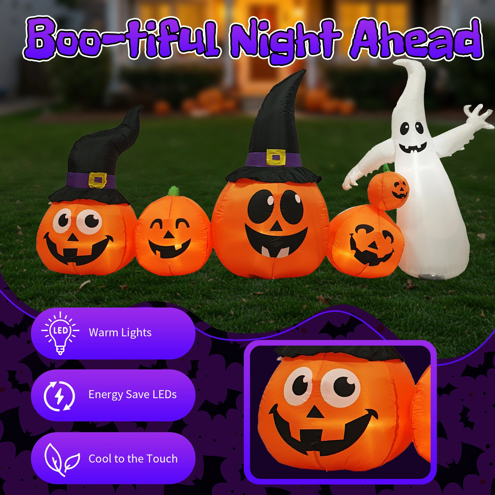 8FT Halloween Inflatable Pumpkins and Ghost Yard Decoration, Outdoor Indoor Blow Up Decor with Built-in LED Lights, Lawn Garden Haunted Display view 8