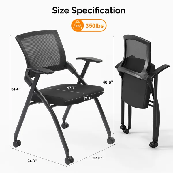 2 Pack Stackable Conference Room Chairs with Wheels, Folding Office Chair with Rebound Back, Padded Seat for Training Room, Guest, Reception, Event, Capacity 350lbs, Black view 3