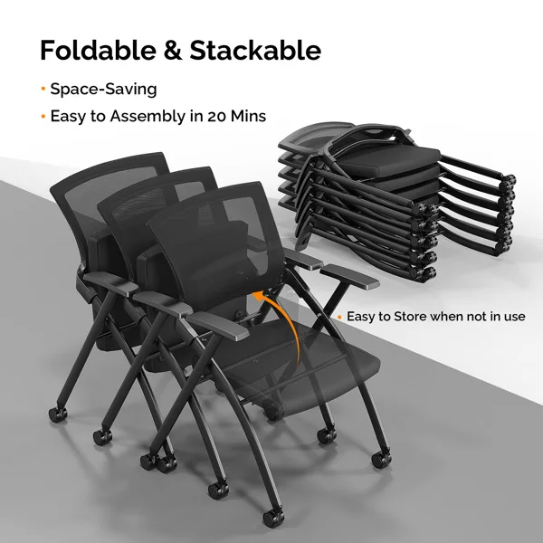 2 Pack Stackable Conference Room Chairs with Wheels, Folding Office Chair with Rebound Back, Padded Seat for Training Room, Guest, Reception, Event, Capacity 350lbs, Black view 5