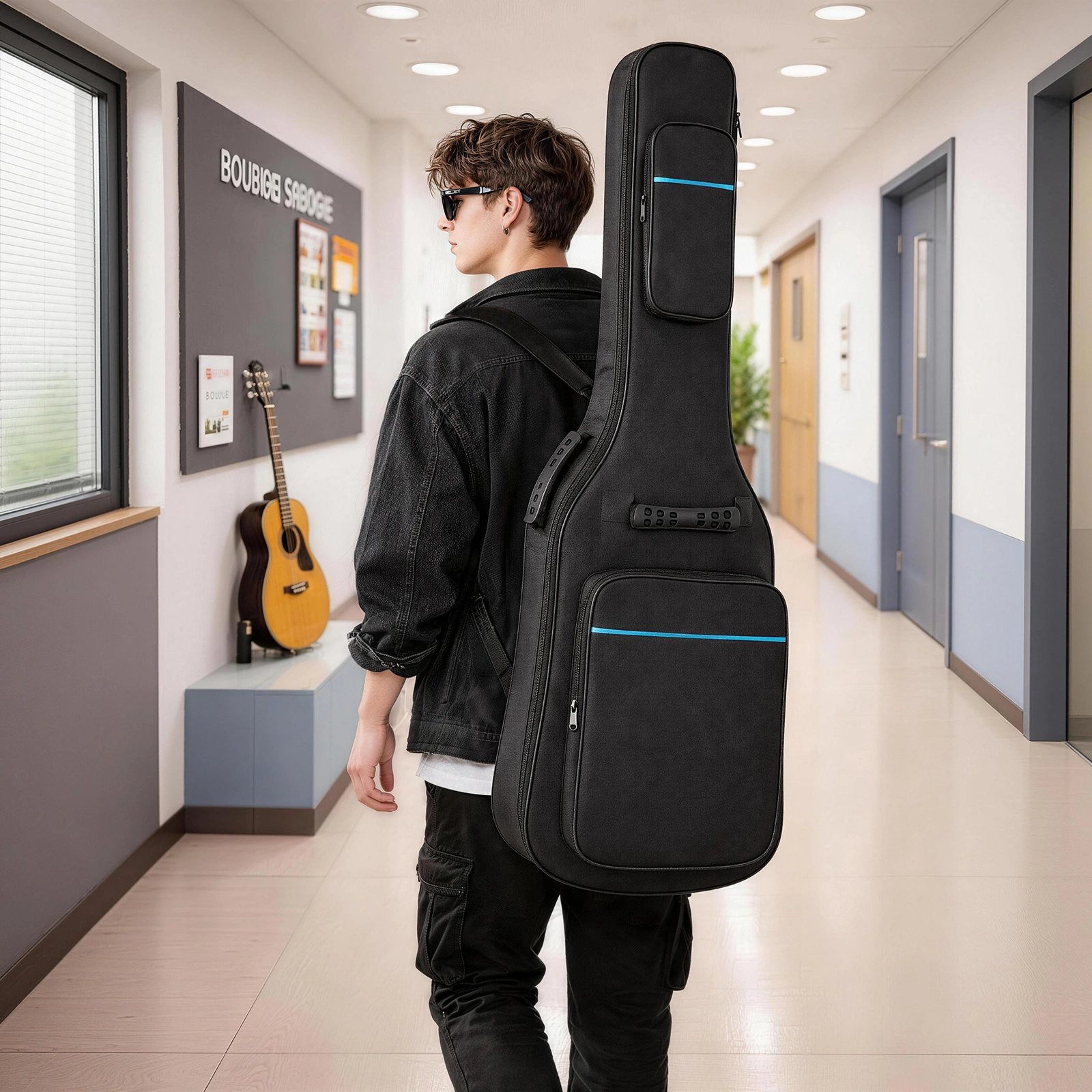 600D Oxford Cloth Electric Bass Guitar Bag Black With Blue Line view 9