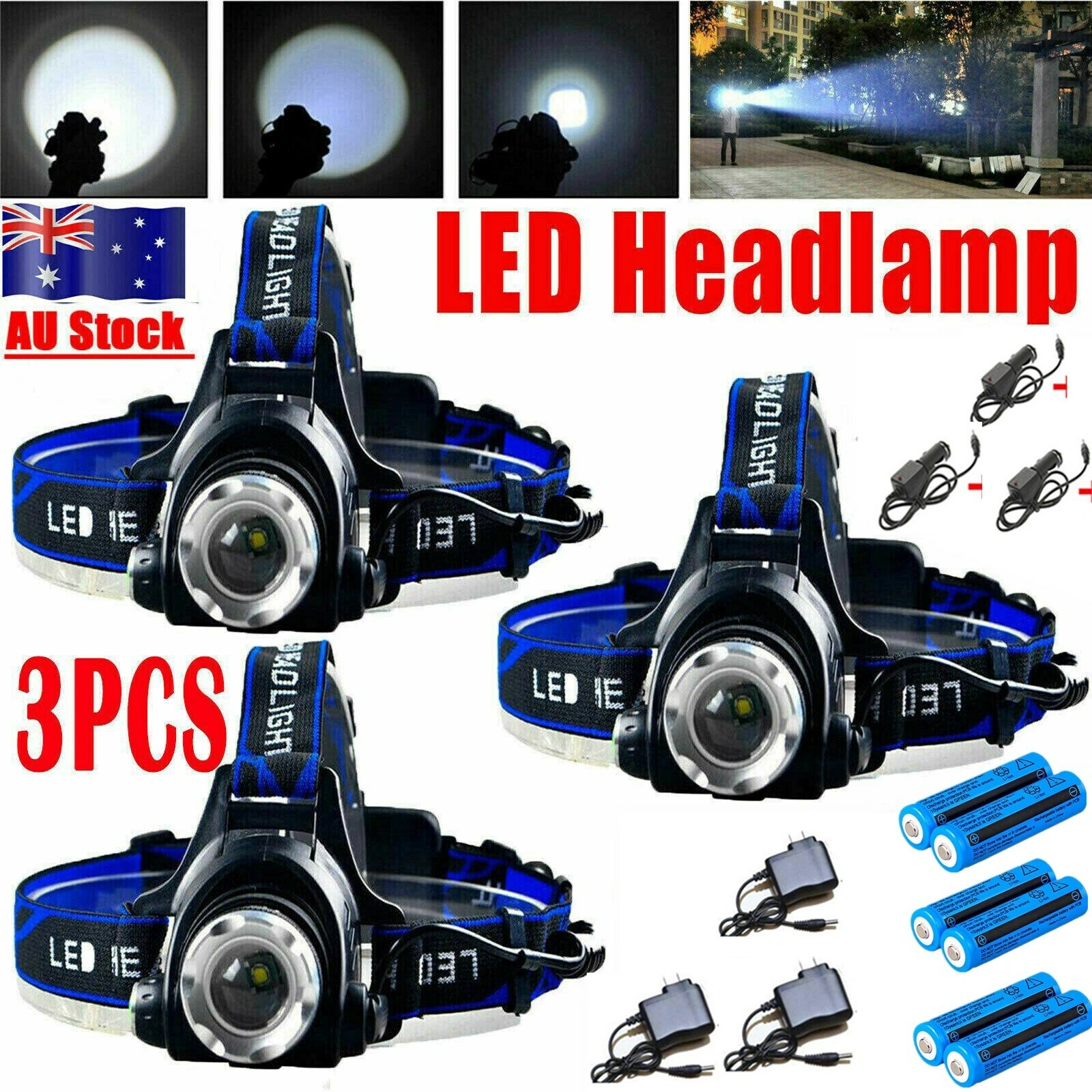 3 Pack Rechargeable LED Headlamp with Battery & Charger Camping Hiking Head Light