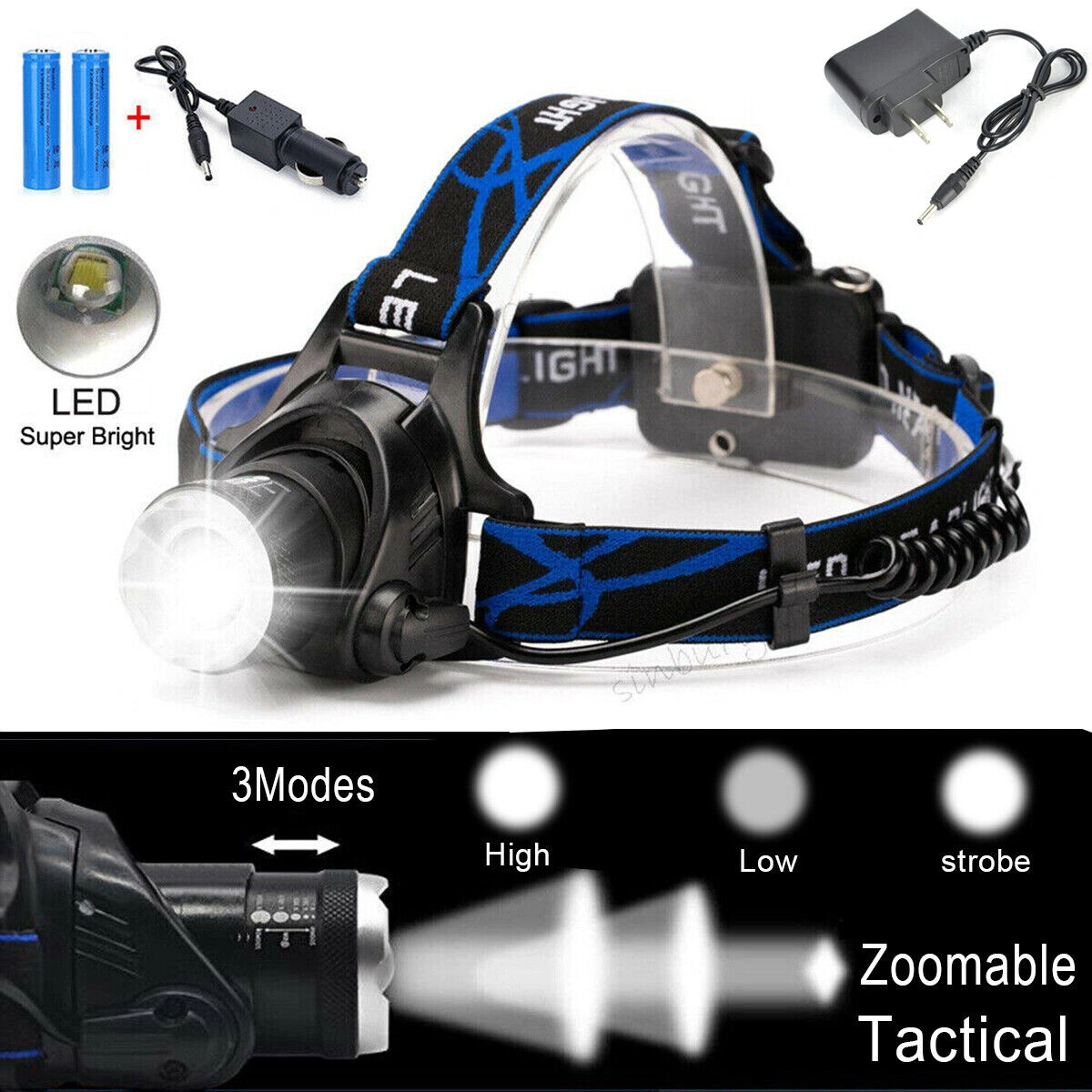 3 Pack Rechargeable LED Headlamp with Battery & Charger Camping Hiking Head Light view 4
