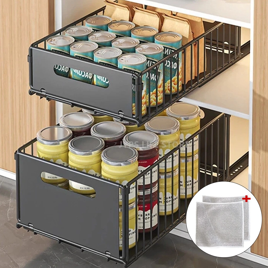 2 Pack Pull Out Cabinet Organizers - Slide Out Drawer Shelves Extendable Storage for Kitchen