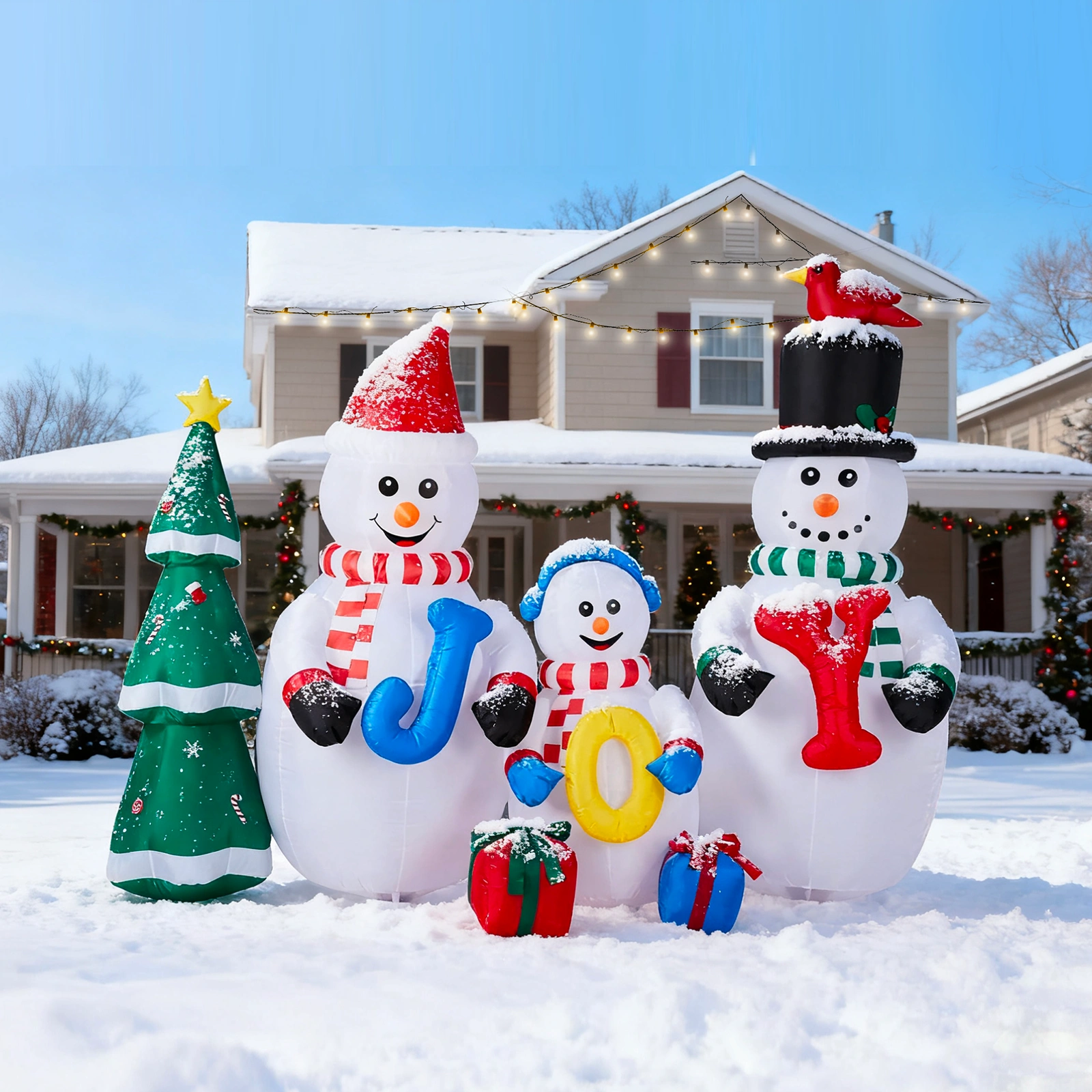 4M LED Lighted Inflatable Snowman Family with JOY & Xmas Tree Christmas Yard Decoration, Blow Up Holiday Lawn Decor for Front Yard, Party view 4