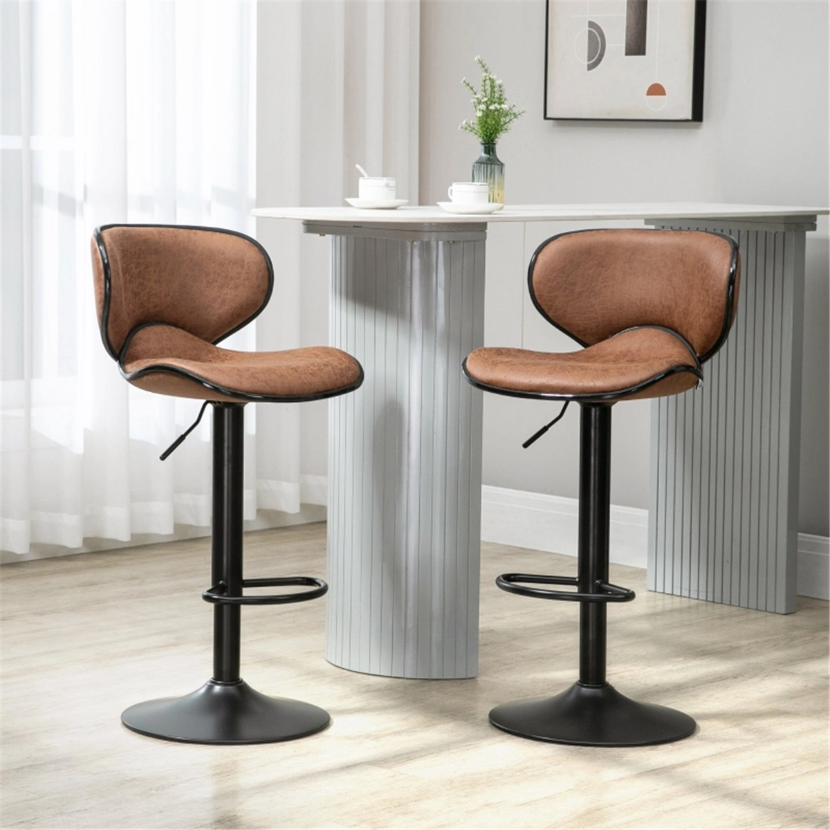Modern Bar Stool Set of 2, Dining Chair & Office Chair, Adjustable Height Seat, Velvet Upholstered Backrest, Sturdy Metal Legs, Black