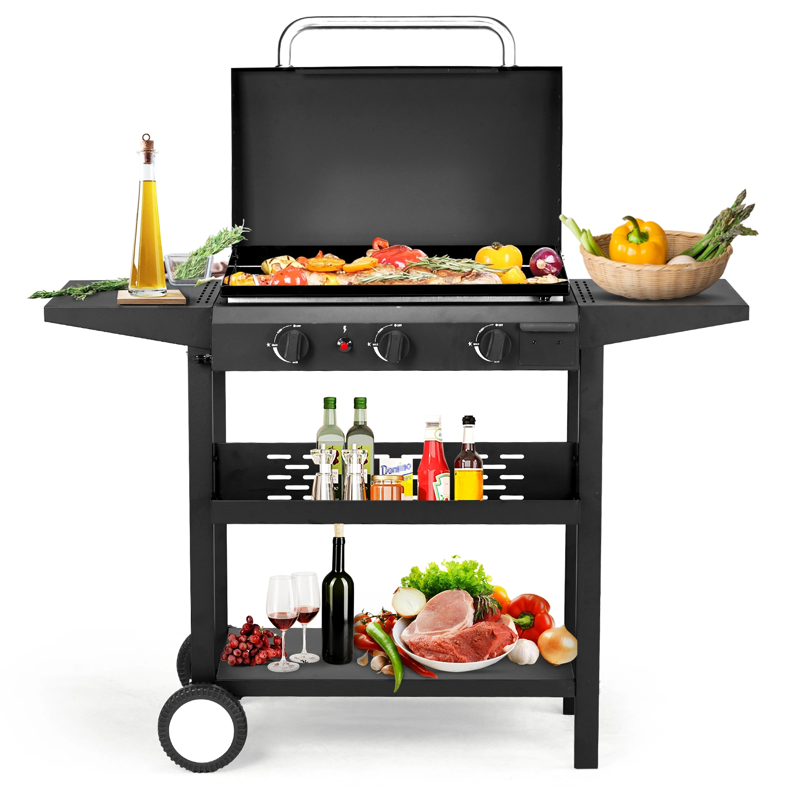 3-Burner Flat Top Gas Griddle Cooking Station with Ceramic Coated Cast Iron Pan, 30,000 BTU Propane Fuelled Griddle Station with Side Shelves & Spice Rack for Outdoor Barbecue Backyard Cookout view 2