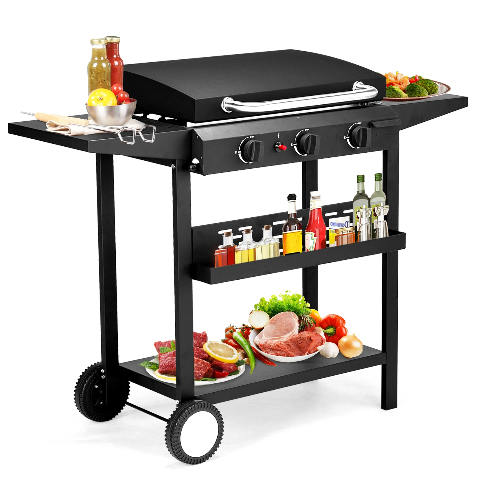 3-Burner Flat Top Gas Griddle Cooking Station with Ceramic Coated Cast Iron Pan, 30,000 BTU Propane Fuelled Griddle Station with Side Shelves & Spice Rack for Outdoor Barbecue Backyard Cookout view 5