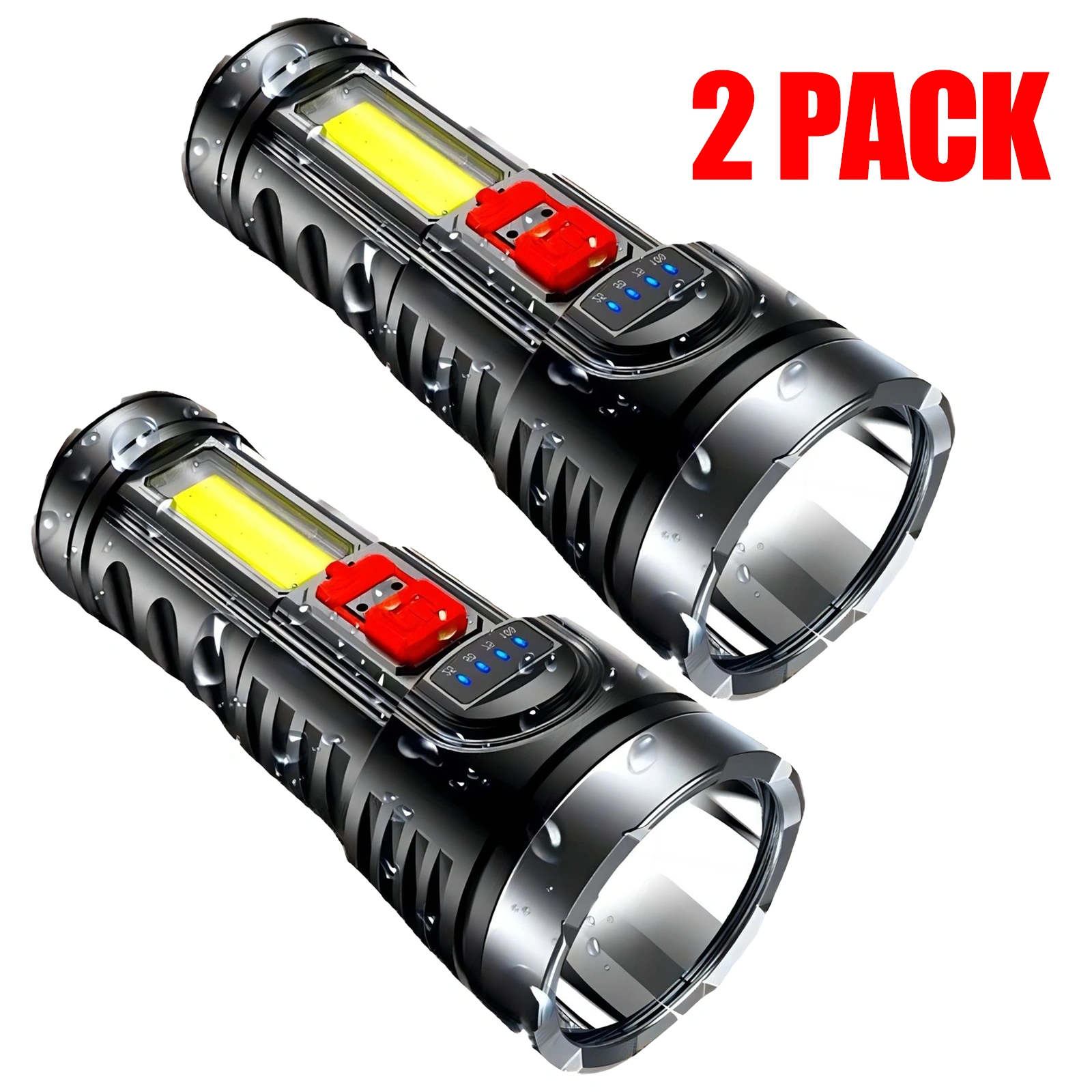 2 Pack USB Rechargeable LED Flashlight, 4-Mode Camping Hiking Torch, Work Light for Outdoor