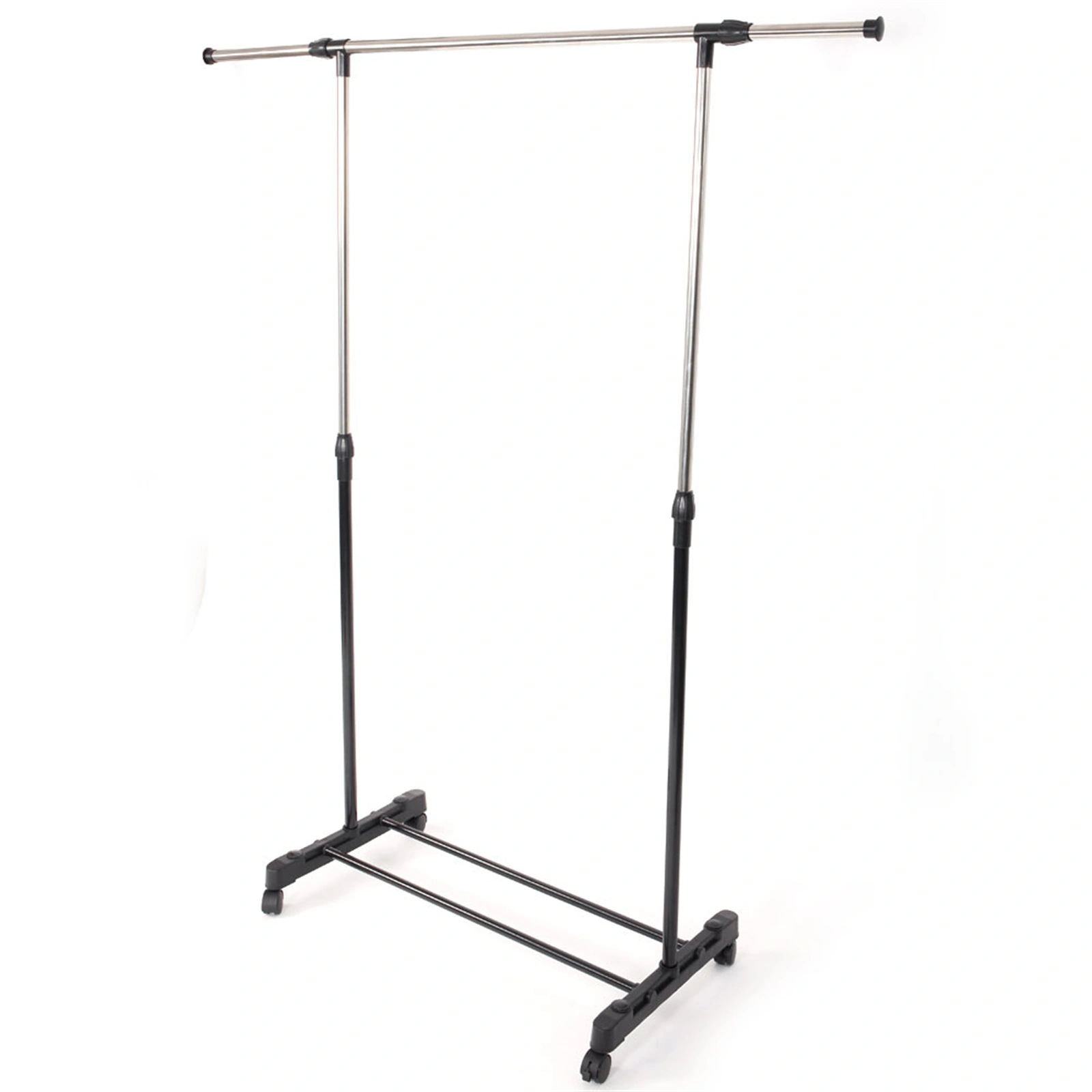 YJ-02 Single-Bar Clothes Rack with Shoe Shelf - Vertical & Horizontal Stretching Garment Stand, Black & Silver