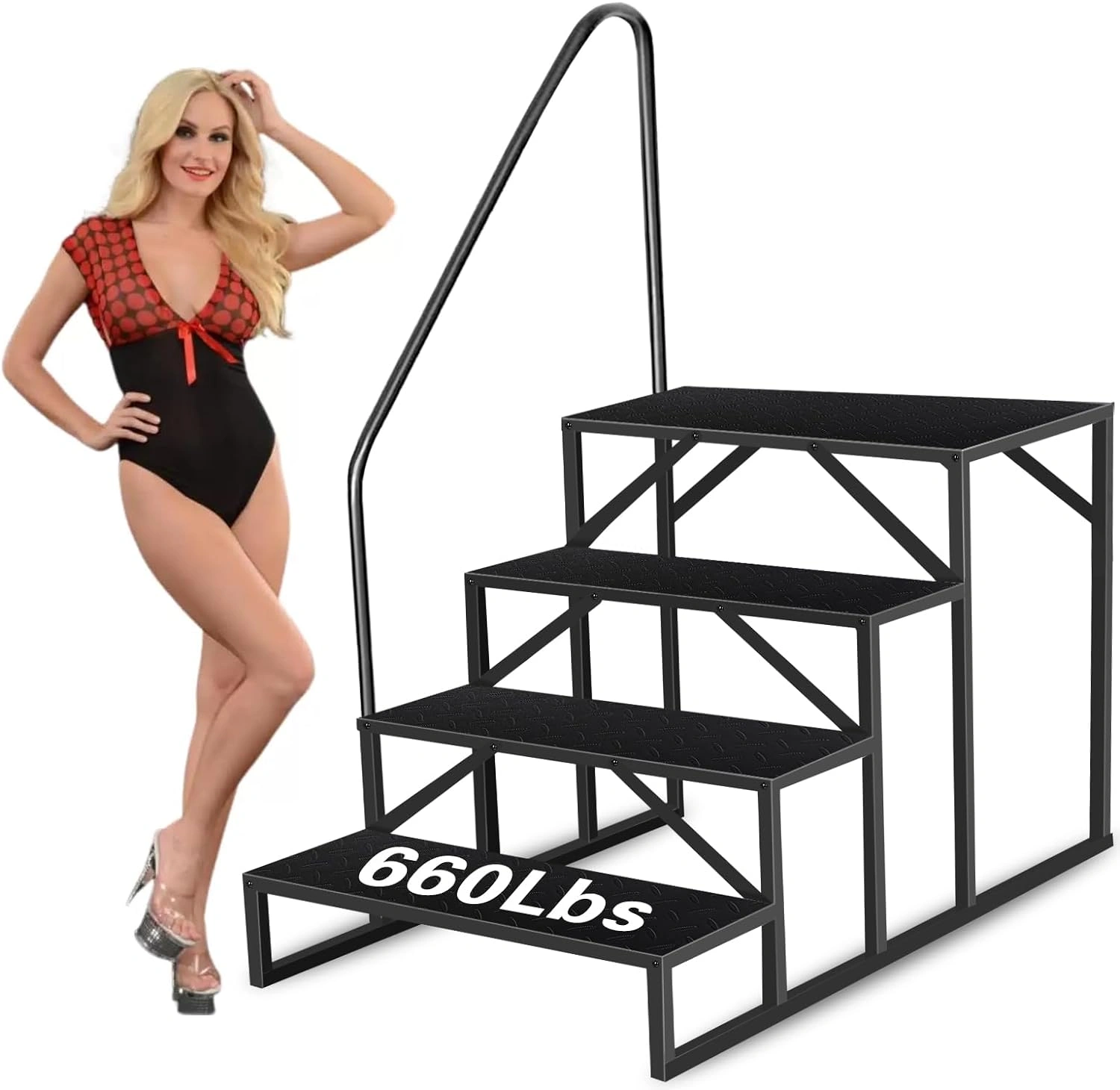 Above Ground Pool Ladder with Handrail, Heavy Duty Swimming Pool Steps & RV Camper Steps, 660 lbs Capacity, Hot Tub Mobile Home Stair Access Ramp