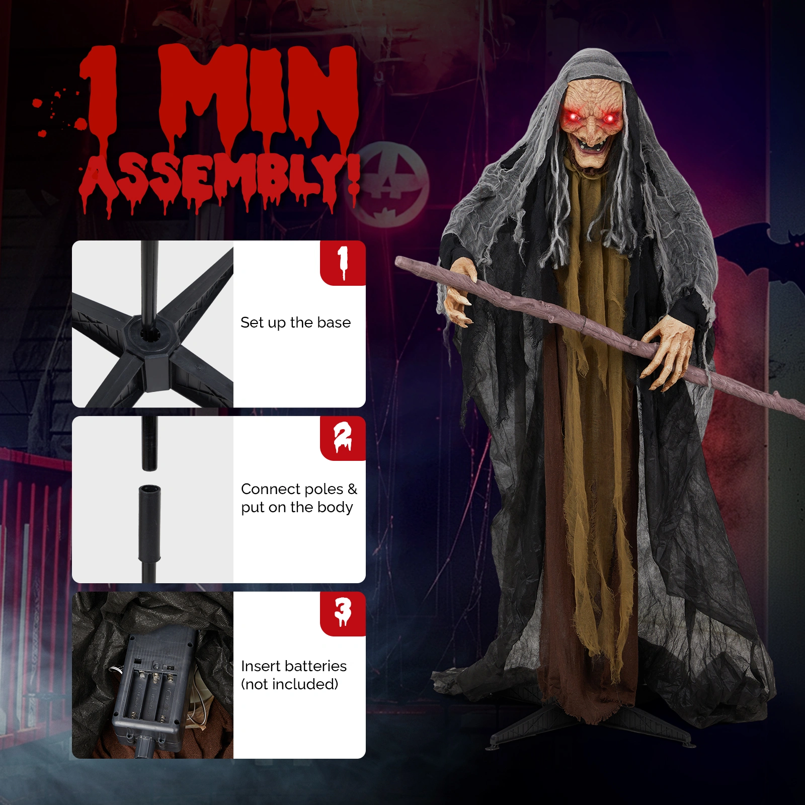 5.3ft Witch with Crutch Halloween Standing Decoration view 4