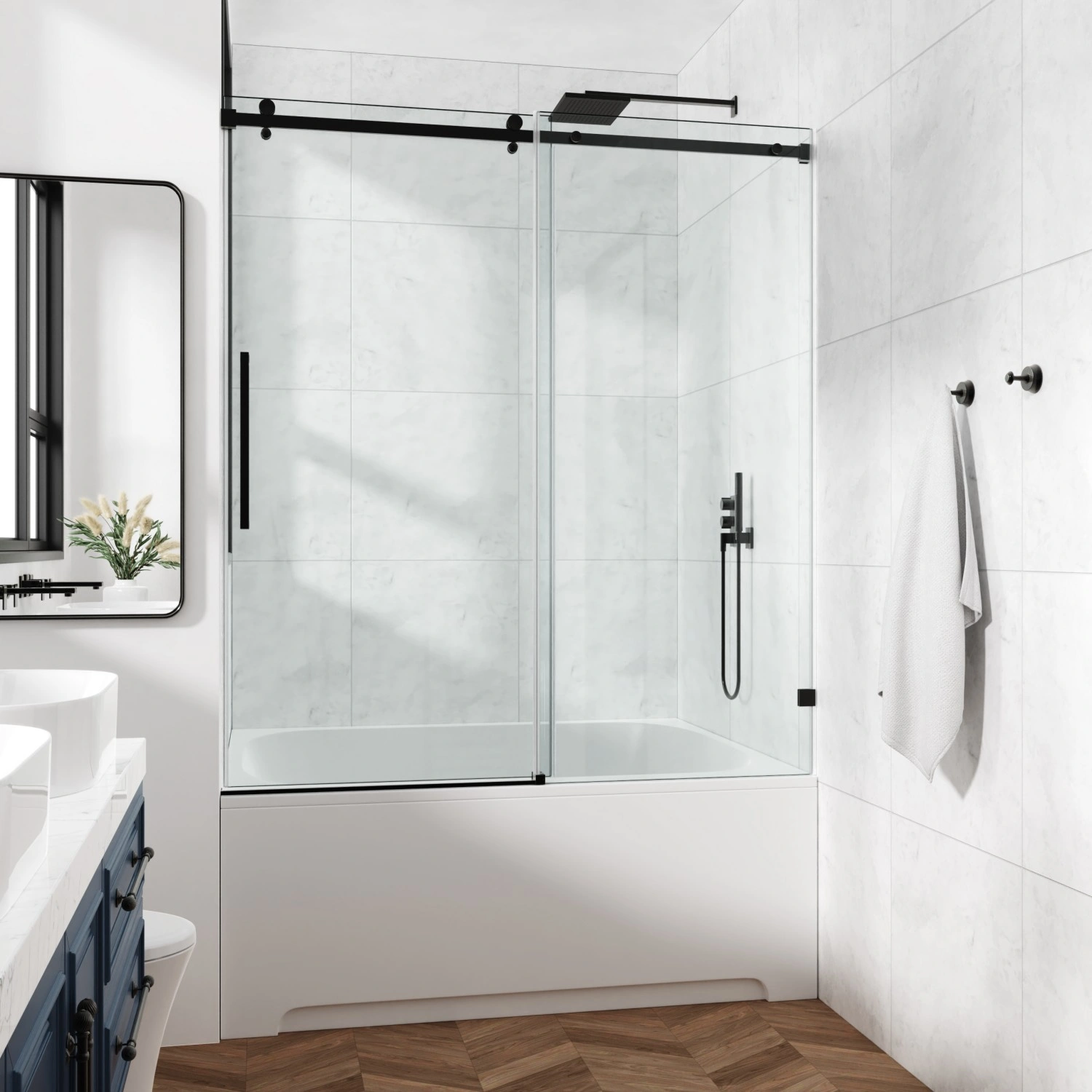 60x76 Fixed & Sliding Shower Door, Square Tube Handle, 3/8" 10mm Clear SGCC Tempered Glass with Stainless Steel Frame