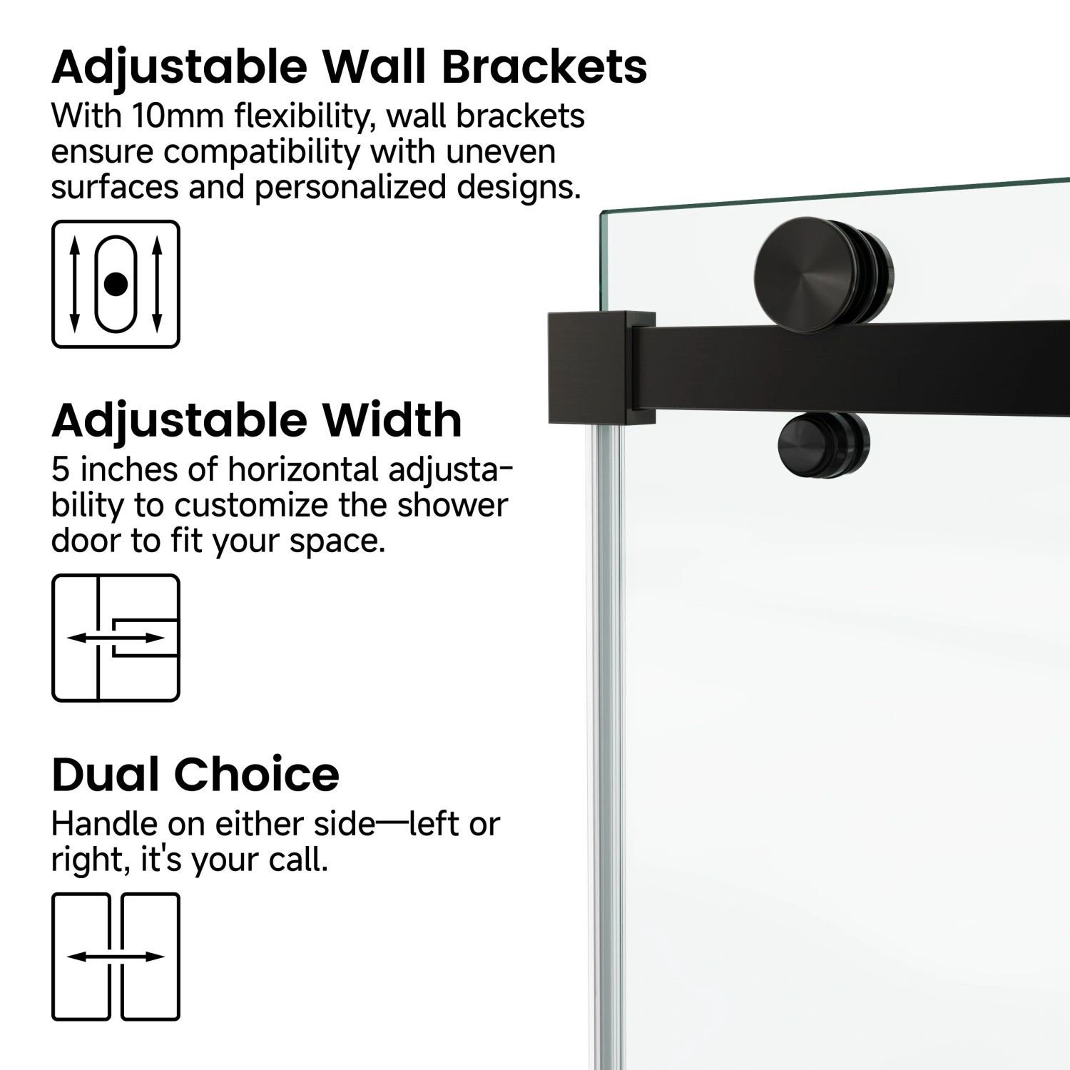 60x76 Fixed & Sliding Shower Door, Square Tube Handle, 3/8" 10mm Clear SGCC Tempered Glass with Stainless Steel Frame view 3