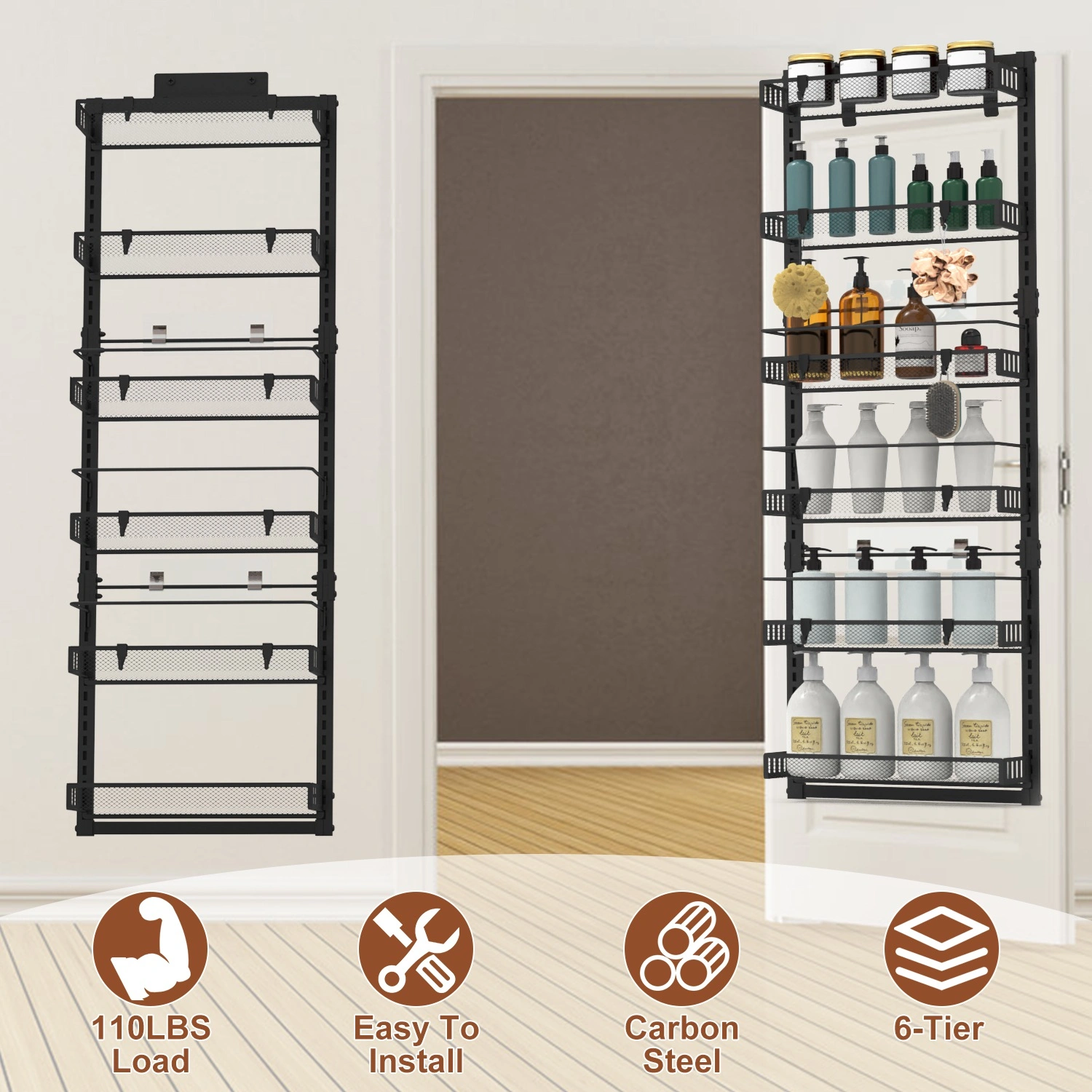 6-Tier Over the Door Pantry Organizer, Large Metal Door Spice Rack, Hanging Heavy-Duty Pantry Door Storage Shelf 10LBS Loading Easy Install Behind Door Storagefor Kitchen and Bathroom, Black