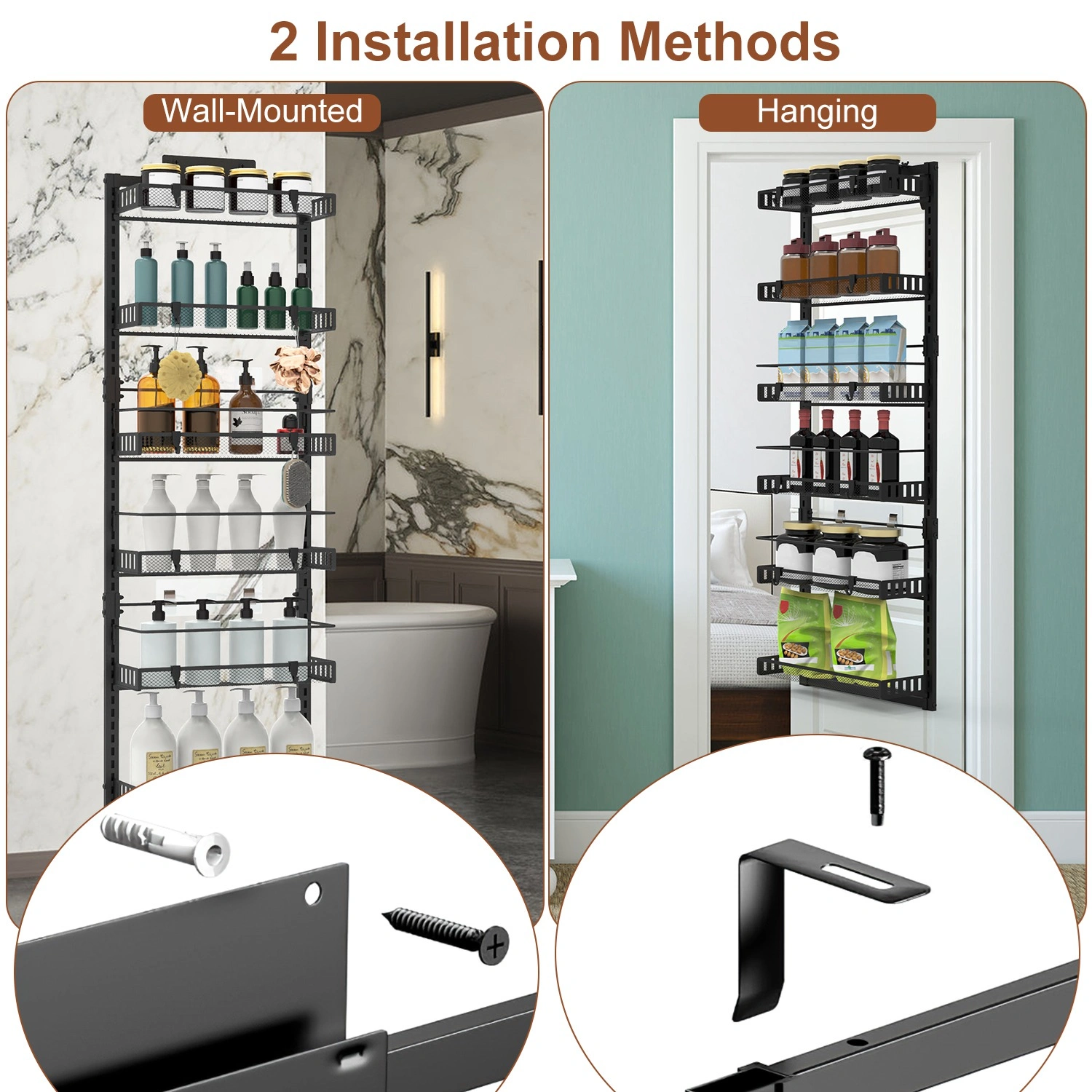 6-Tier Over the Door Pantry Organizer, Large Metal Door Spice Rack, Hanging Heavy-Duty Pantry Door Storage Shelf 10LBS Loading Easy Install Behind Door Storagefor Kitchen and Bathroom, Black view 9