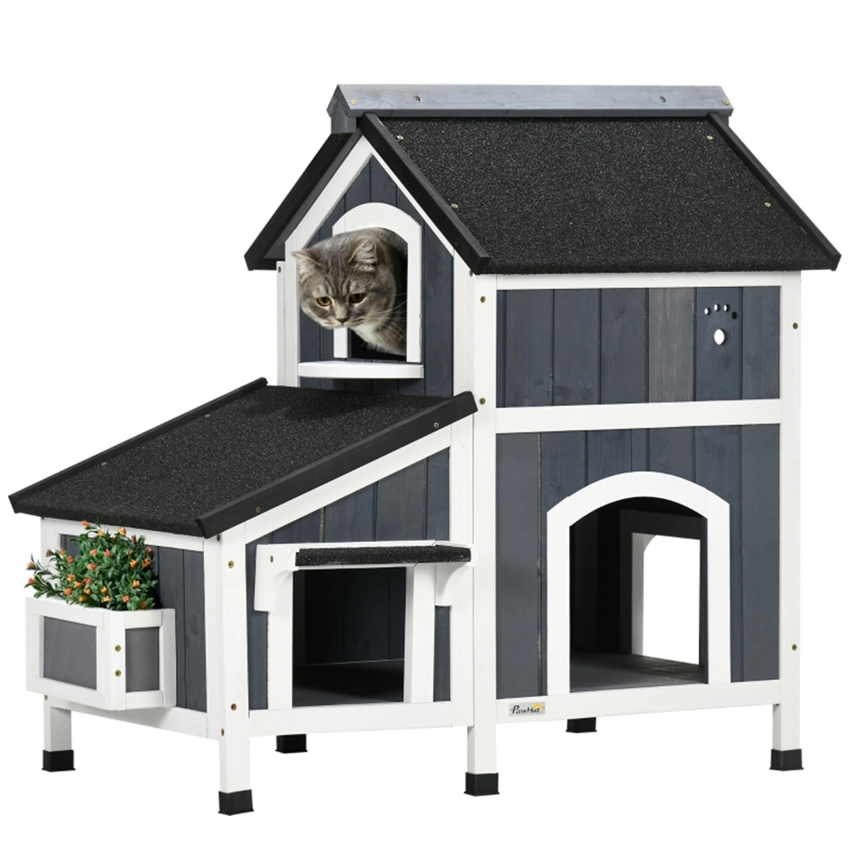 Gray Modern Outdoor Cat Furniture Weather-Resistant Roof Garden Bed Multi-Entry Cat House Kitty Shelter