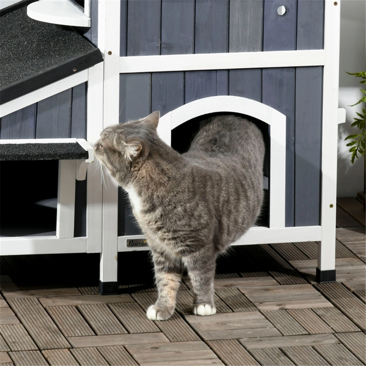Gray Modern Outdoor Cat Furniture Weather-Resistant Roof Garden Bed Multi-Entry Cat House Kitty Shelter view 2