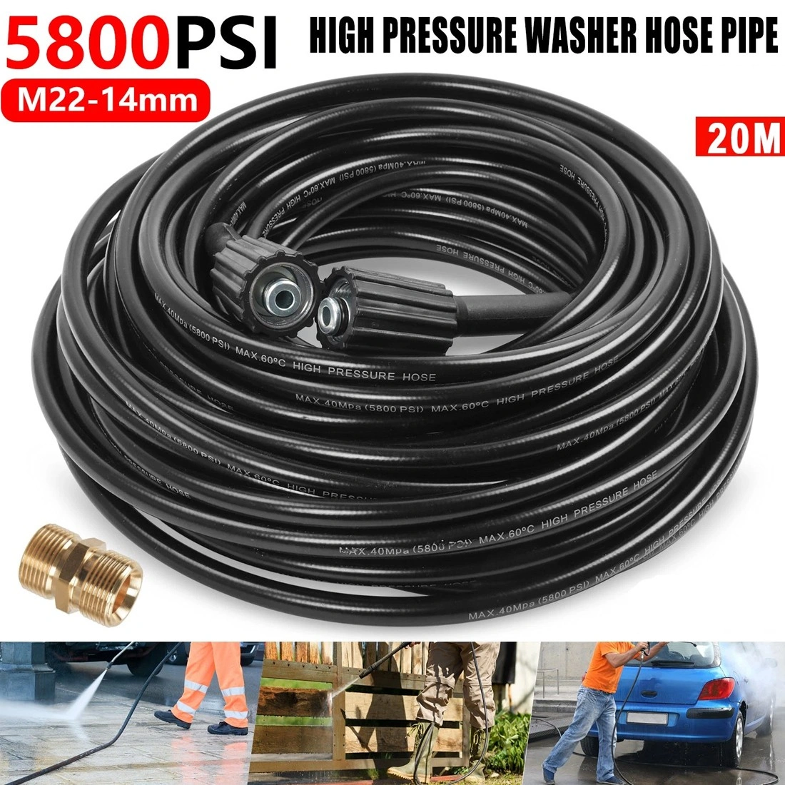 20m High Pressure Washer Hose, M22-14 Series, Braided Reinforced Spray Gun Extension Pipe with Copper Threaded Connector view 2
