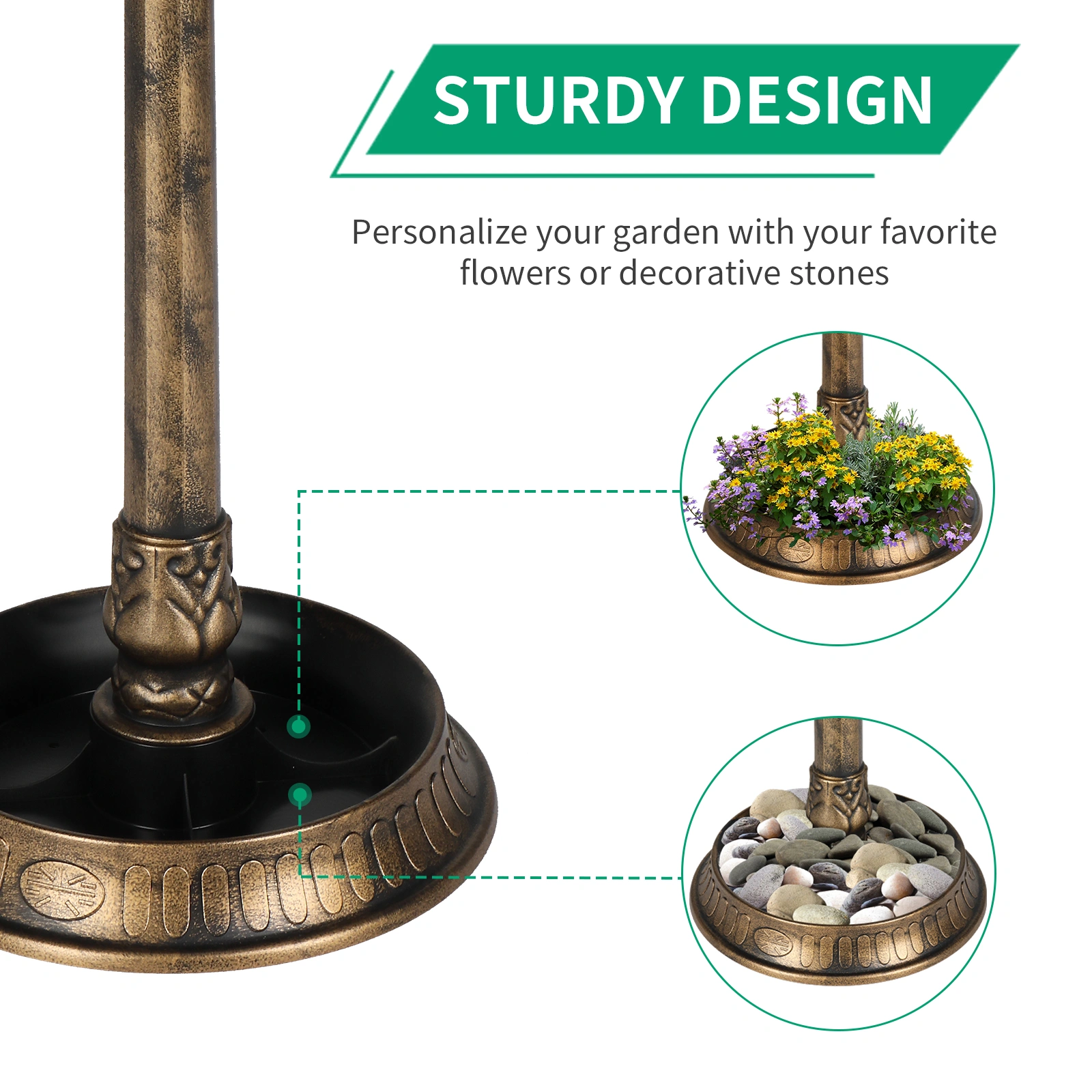 51*51*106cm Plastic Round Birdbath with Solar Light Bronze view 15