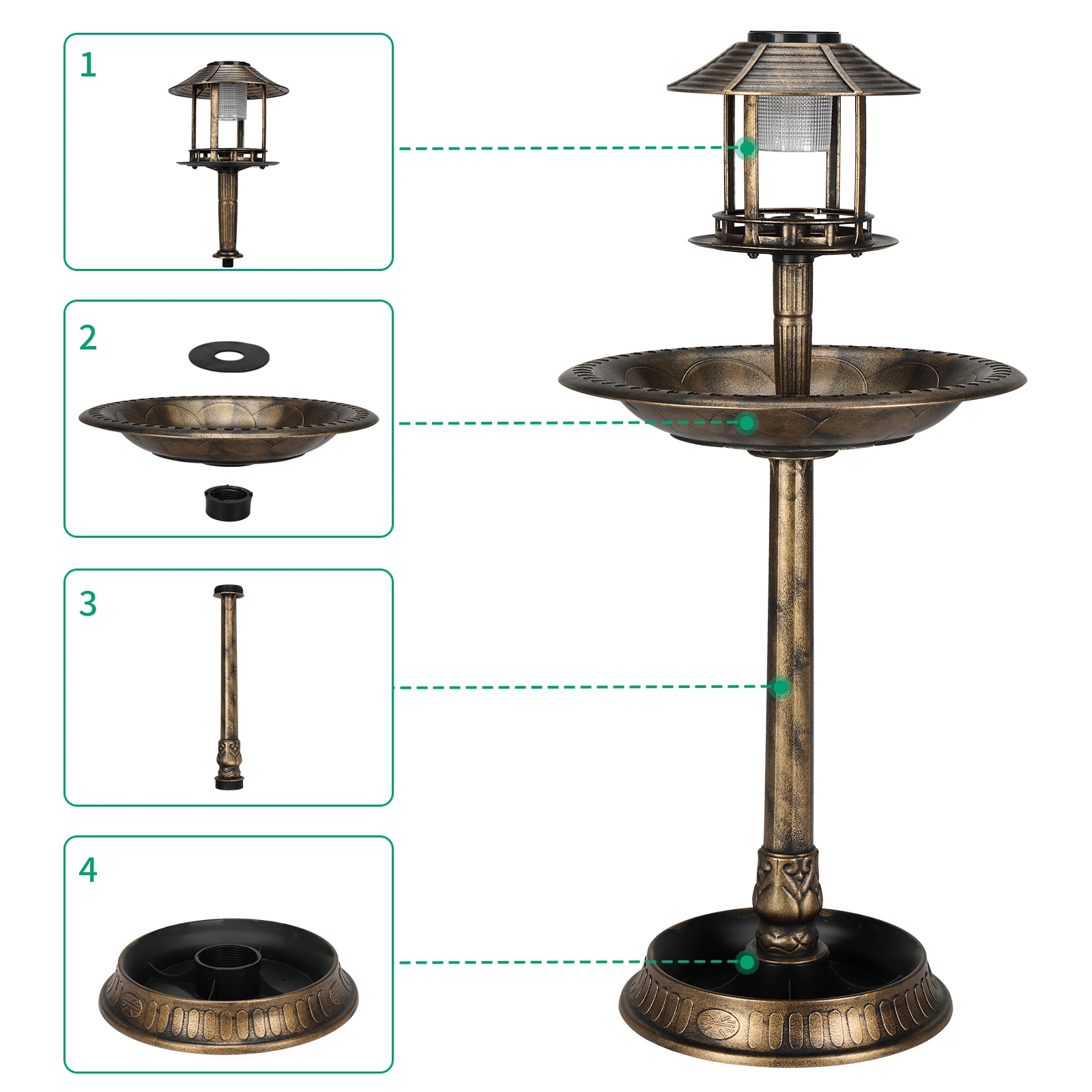 51*51*106cm Plastic Round Birdbath with Solar Light Bronze view 17