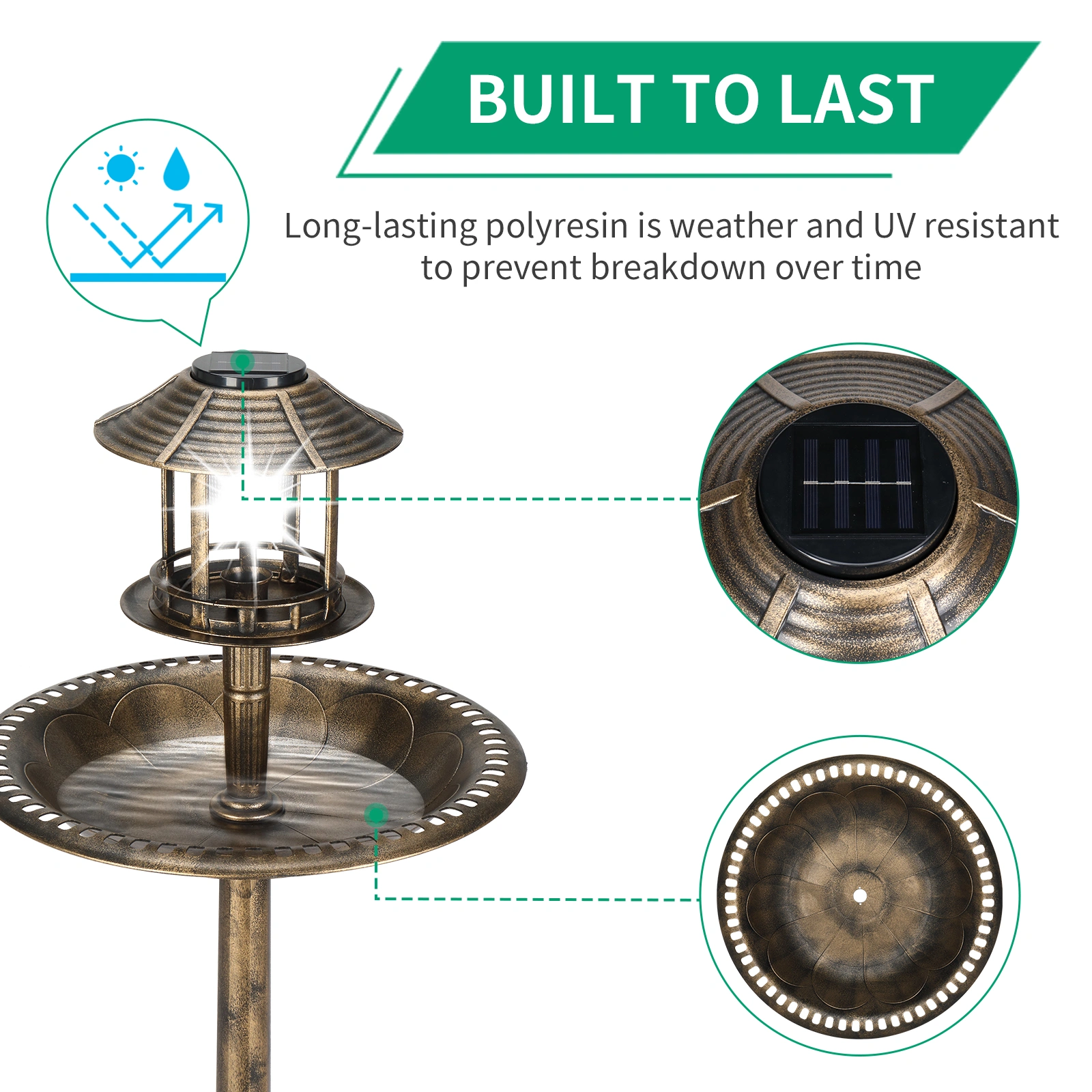 51*51*106cm Plastic Round Birdbath with Solar Light Bronze view 20