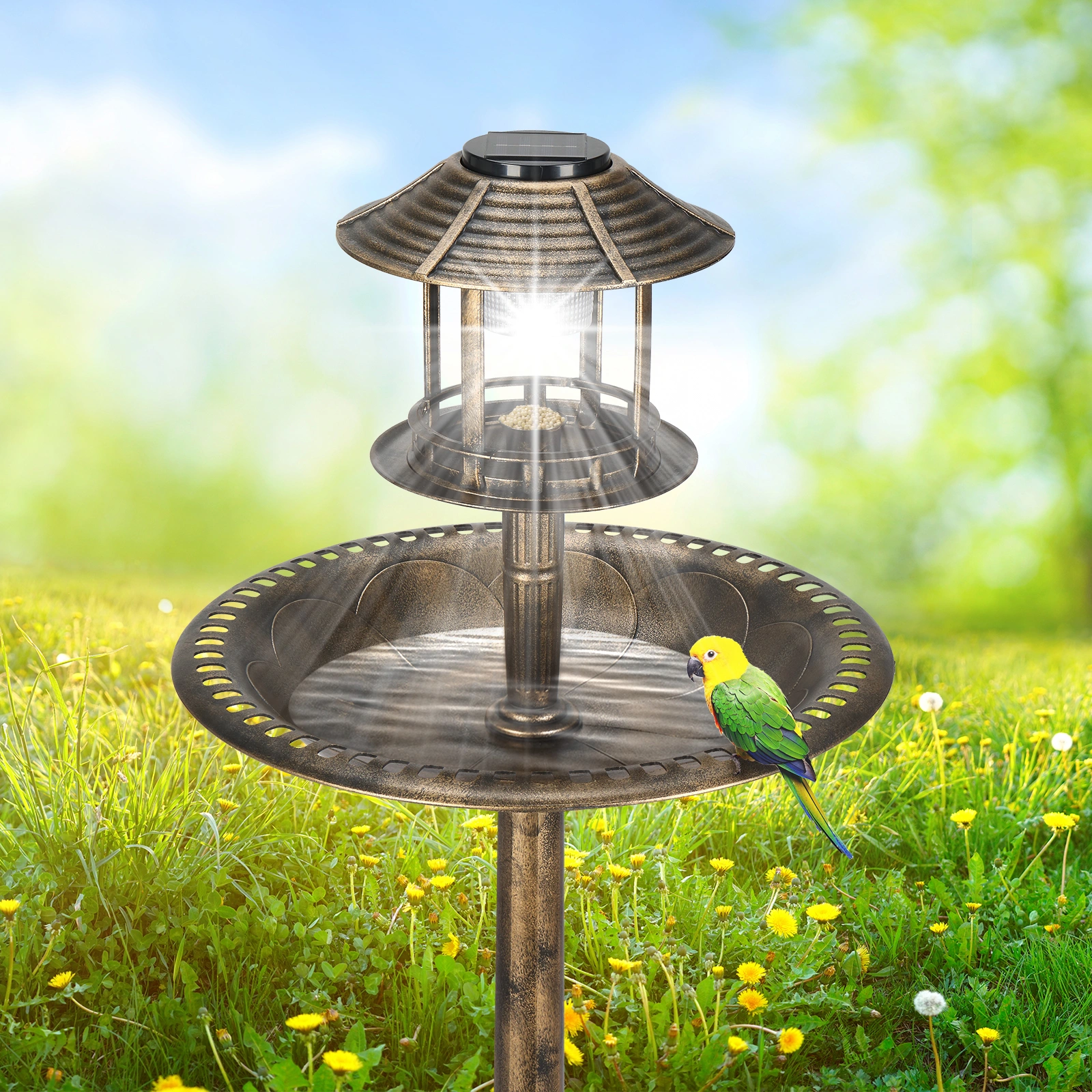 51*51*106cm Plastic Round Birdbath with Solar Light Bronze view 3