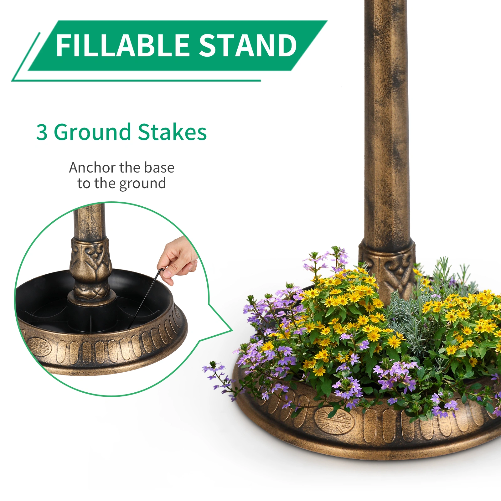 51*51*106cm Plastic Round Birdbath with Solar Light Bronze view 5
