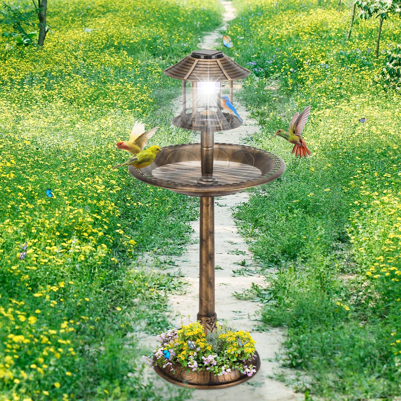 51*51*106cm Plastic Round Birdbath with Solar Light Bronze view 7