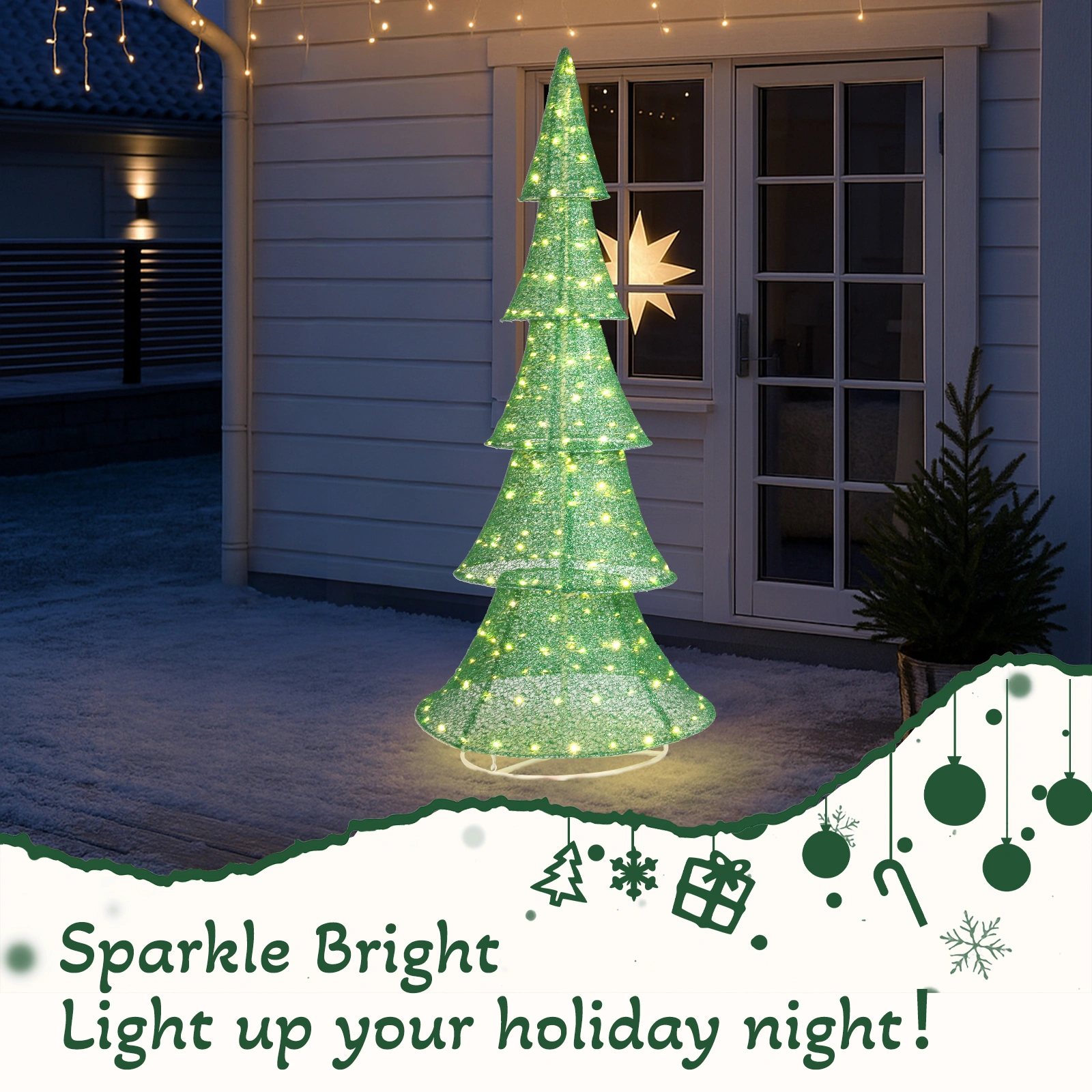 6FT Pre-Lit Christmas Tree, 200 LED Warm White Pull Up Holiday Tree for Outdoor Indoor Yard Decoration, Instant Setup Xmas Display view 12