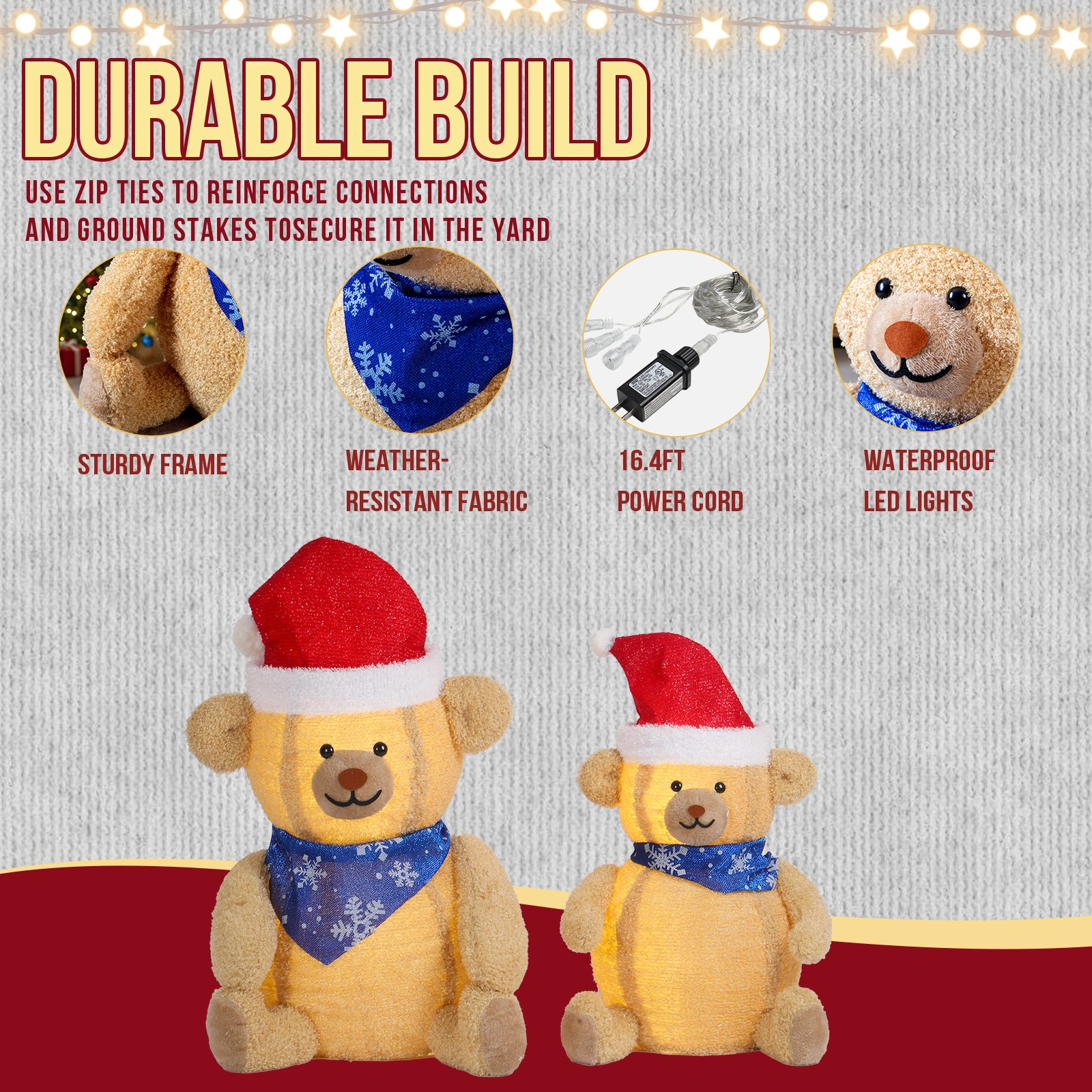 Set of 2 Lighted Plush Bear Christmas Decorations, Pre-lit Pull Up Holiday Decor with 60 Warm White LED Lights for Xmas Outdoor Indoor Decor Lighted Holiday Displays view 11