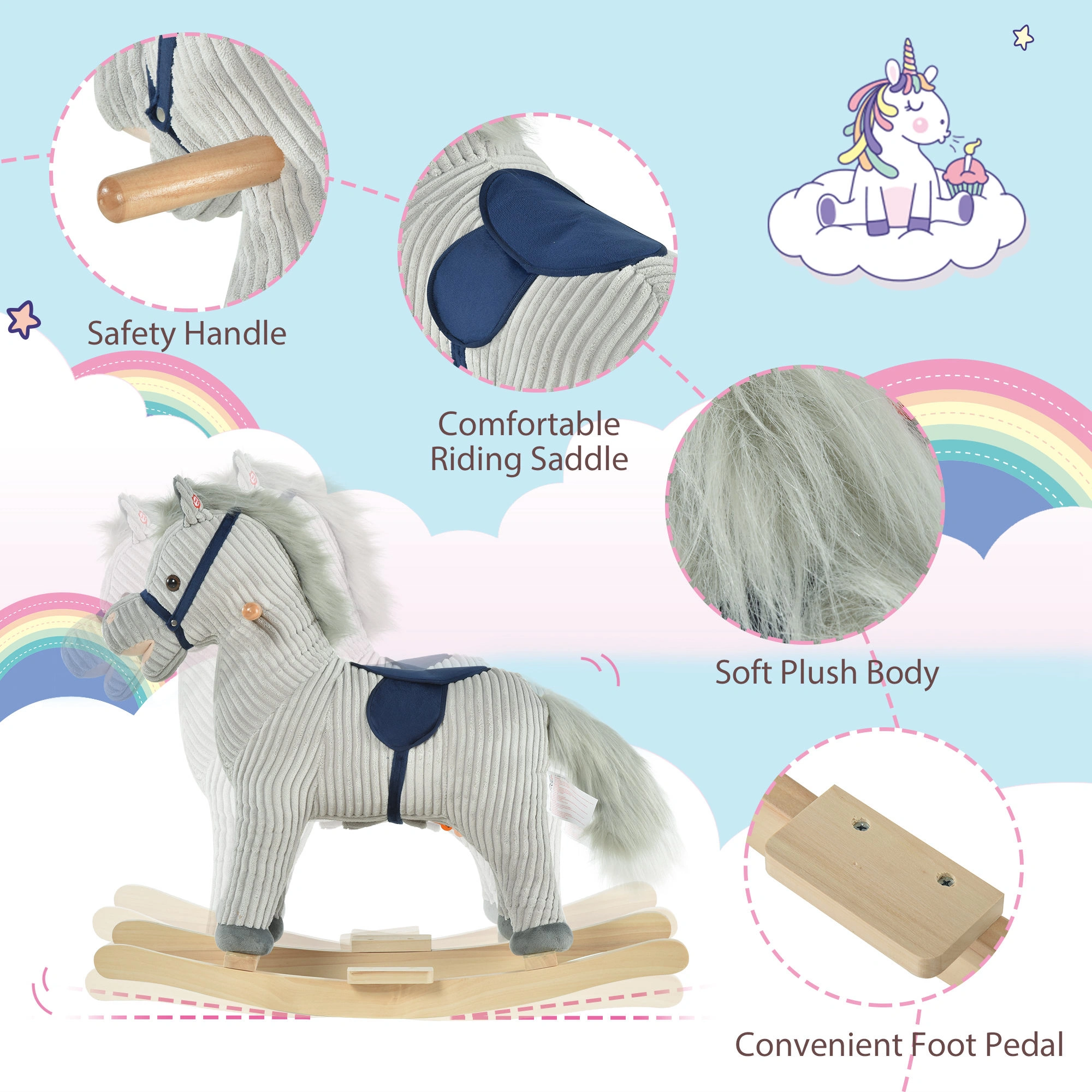 Kids Rocking Horse for Toddlers Wood Seatback Ride-On Toy with Music & Lights Indoor Outdoor Play Gift view 3
