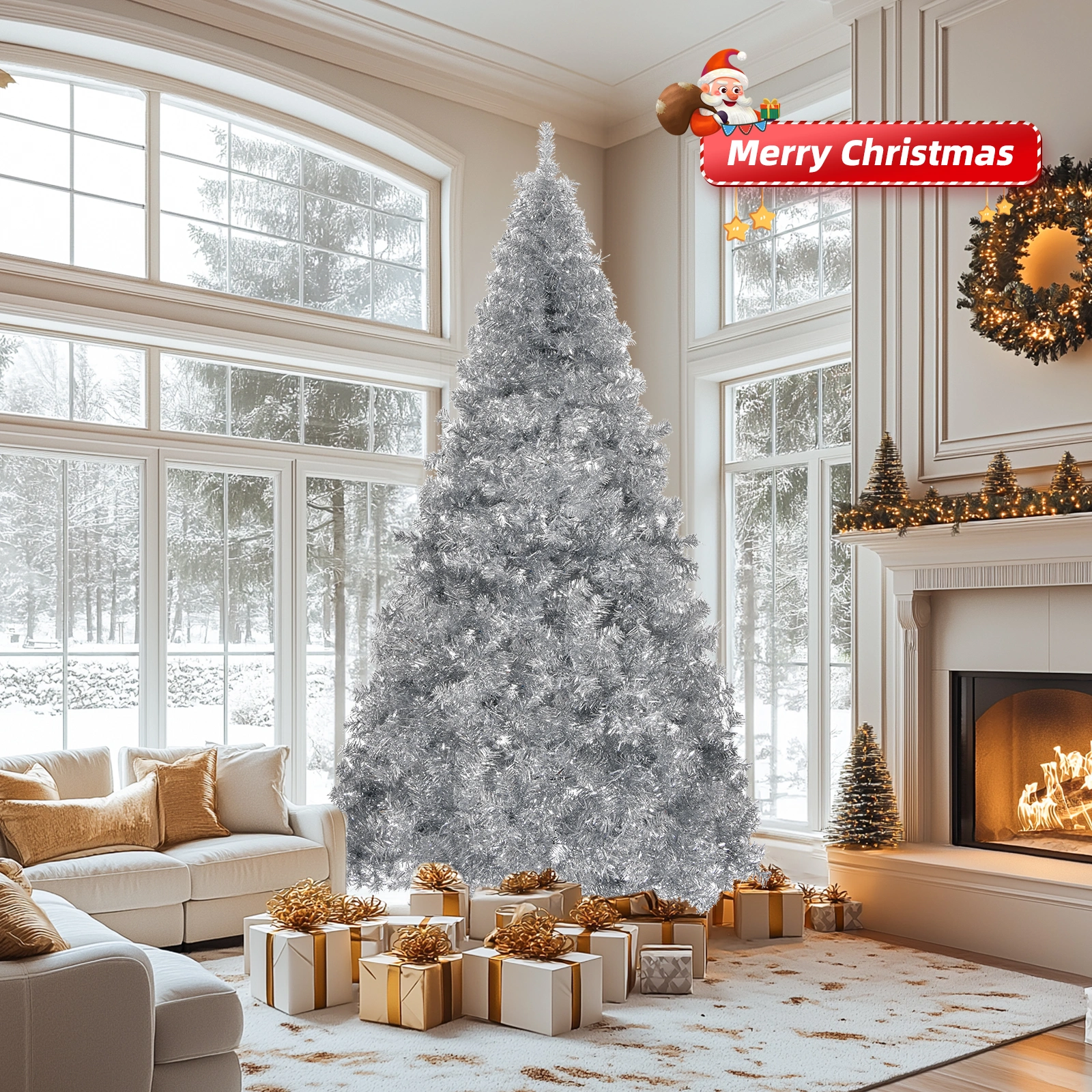 7 FT Artificial Christmas Tree, 1150 Branch Tips, Unlit Pine Christmas Tree with Sturdy Metal Stand, Full Pre-Lit Holiday Tree for Home Office Party Decor, Silver view 3
