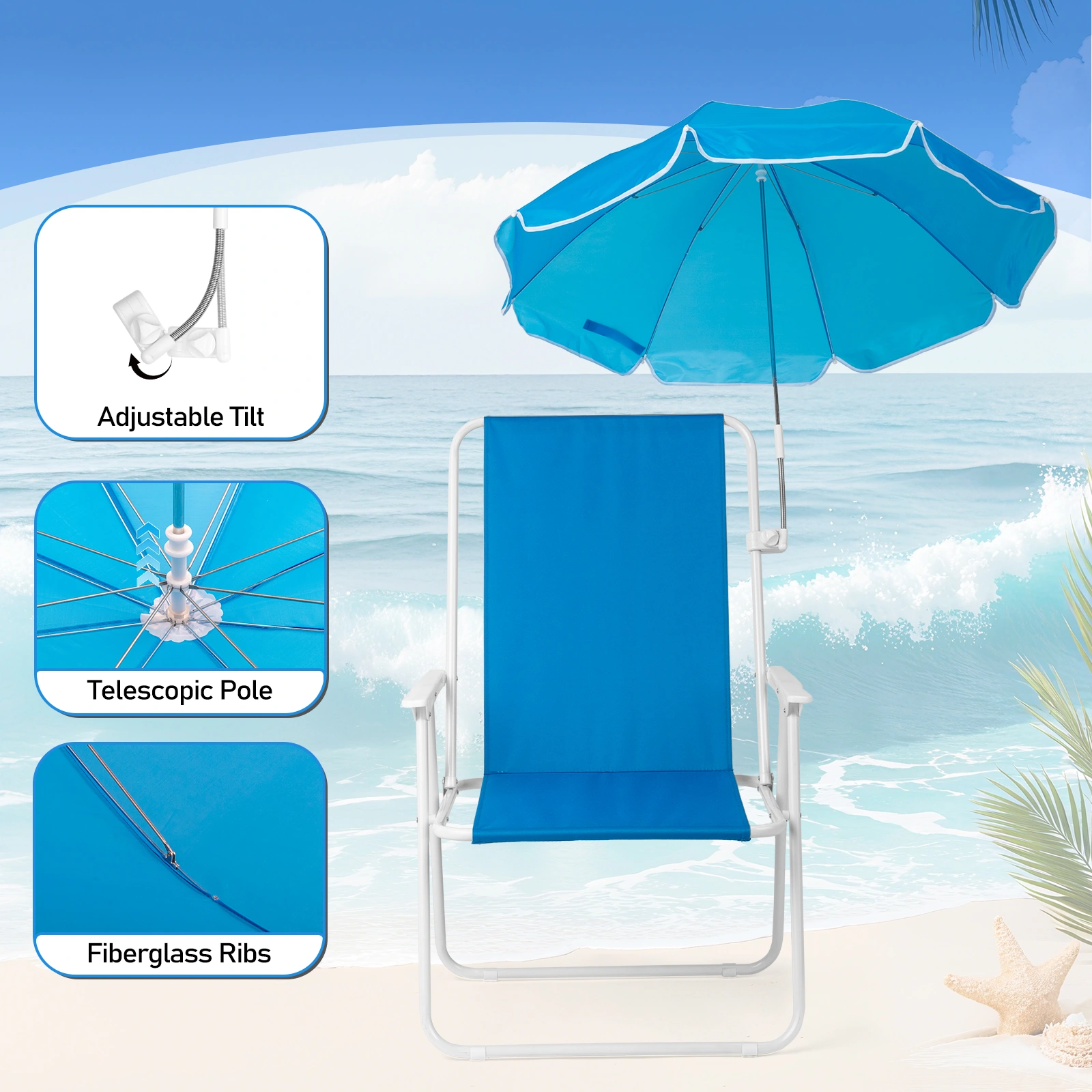 1 Pack Heavy Duty Steel Beach Chair with Umbrella, XL Size 15" Seat Height Royal Blue, Oxford Cloth with Support Bar, Single Position Adjustable, 120kg Load view 14