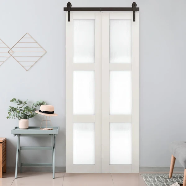 40" Bi-Folding Sliding Barn Door Hardware Kit for 2 Doors,Smoothly&Quietly,Black Track J Shape Roller-[Doors not Included] view 3