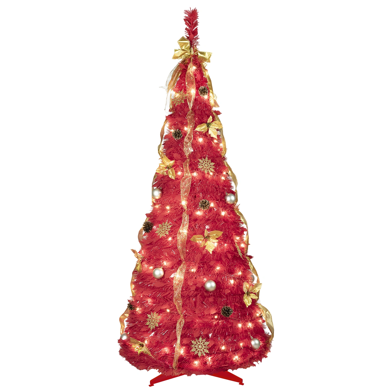 6FT Red Pop-Up Christmas Tree with 150 Warm White LED Lights, Ornaments Included - Easy Assembly & Space-Saving Holiday Decor view 2