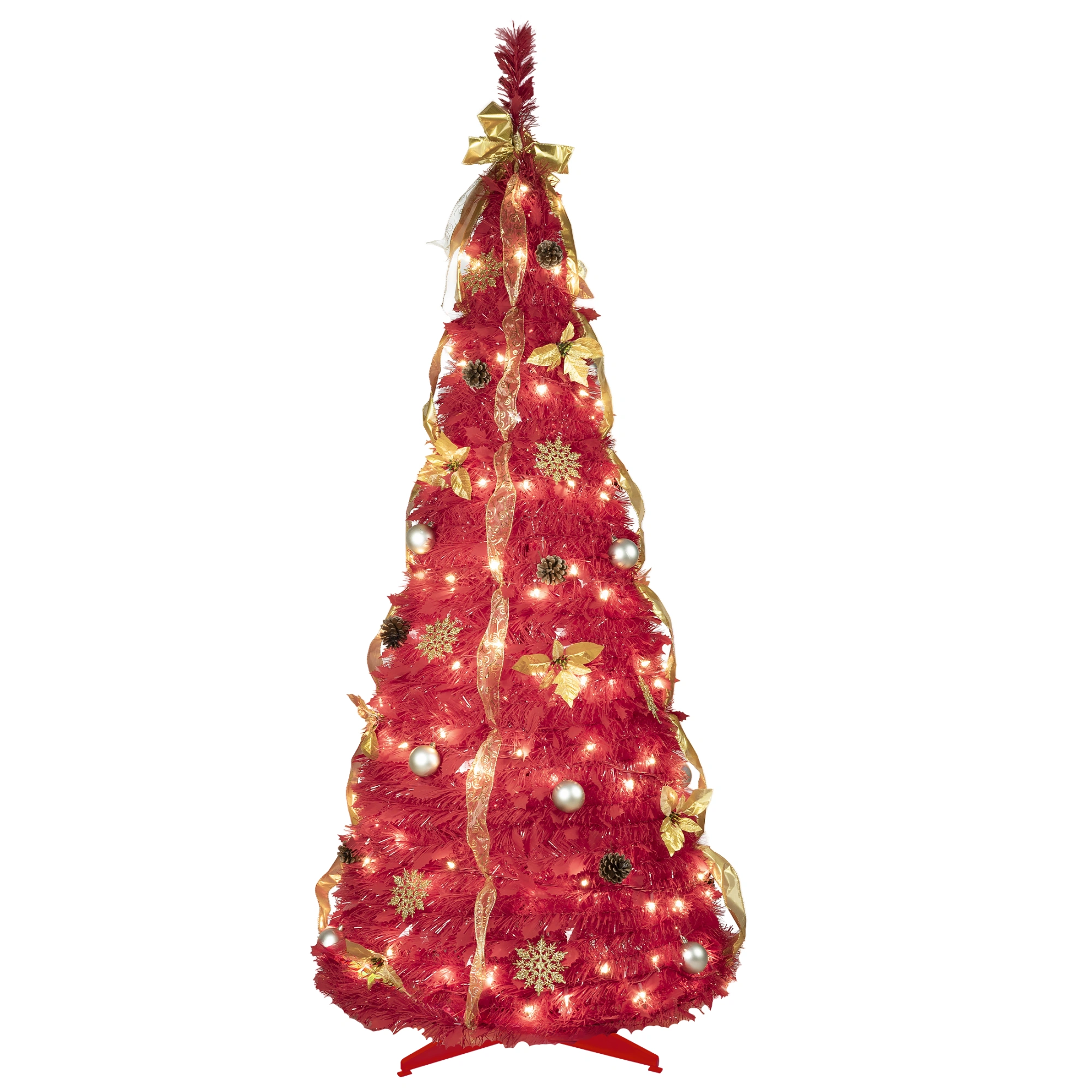 6FT Red Pop-Up Christmas Tree with 150 Warm White LED Lights, Ornaments Included - Easy Assembly & Space-Saving Holiday Decor view 6