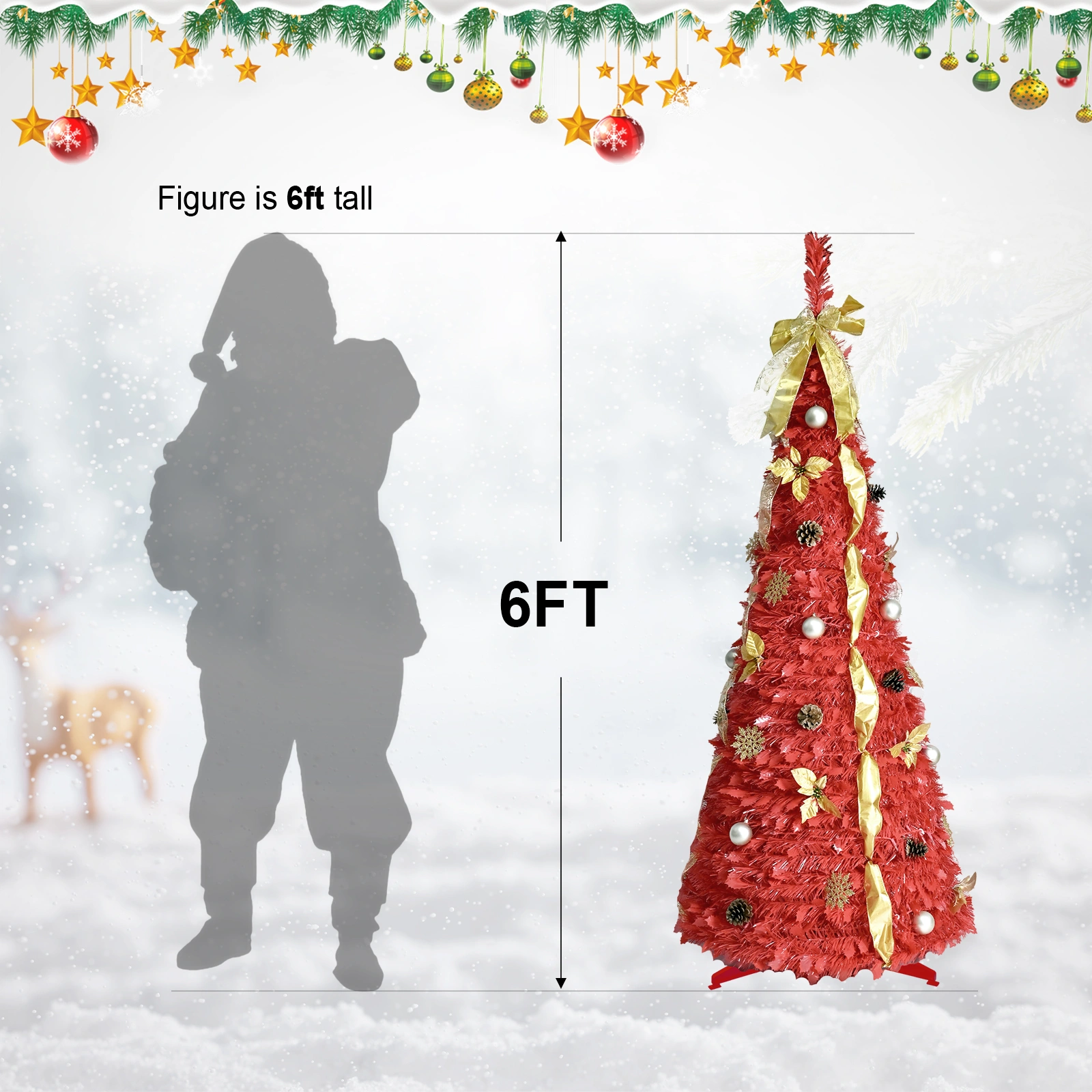 6FT Red Pop-Up Christmas Tree with 150 Warm White LED Lights, Ornaments Included - Easy Assembly & Space-Saving Holiday Decor view 8