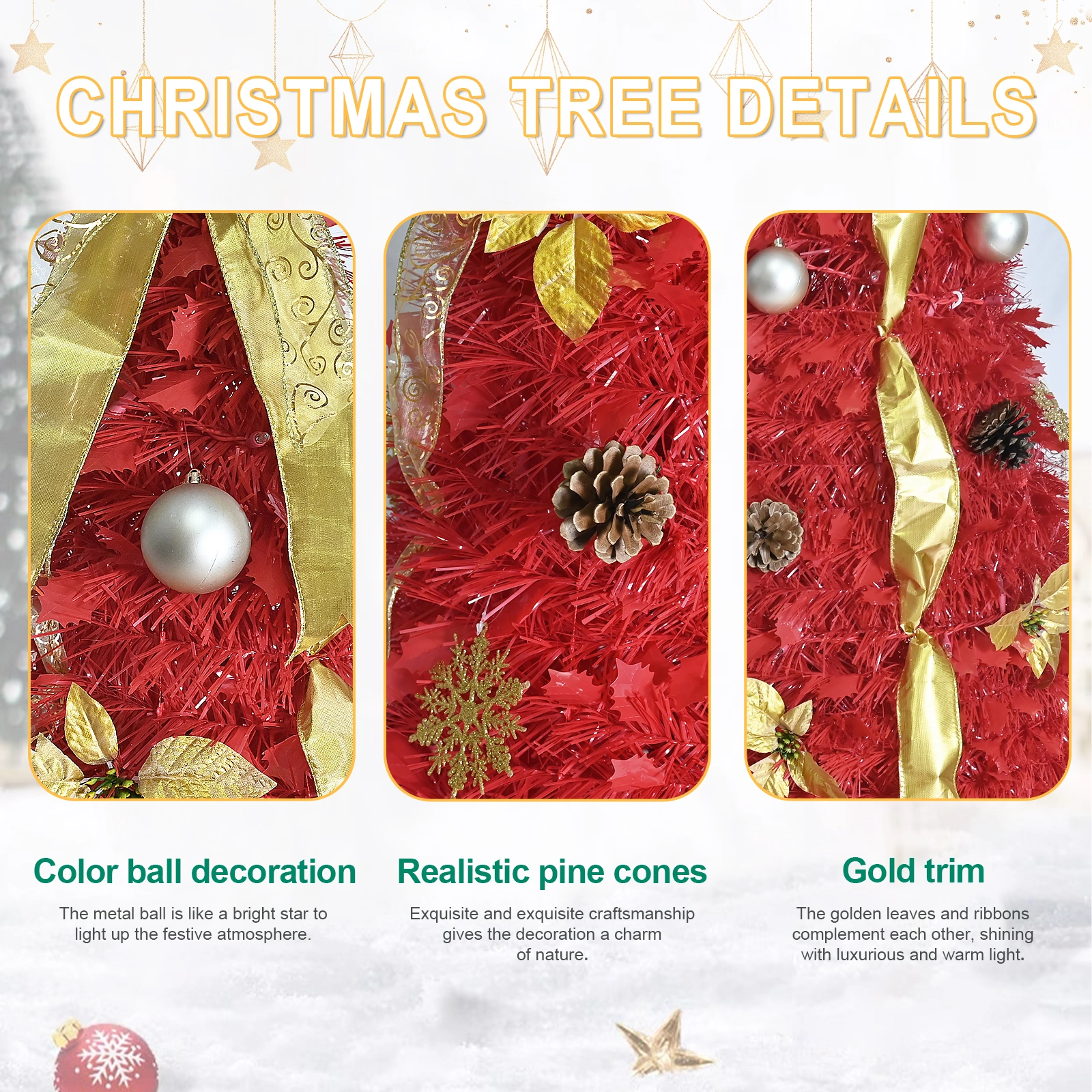 6FT Red Pop-Up Christmas Tree with 150 Warm White LED Lights, Ornaments Included - Easy Assembly & Space-Saving Holiday Decor view 9