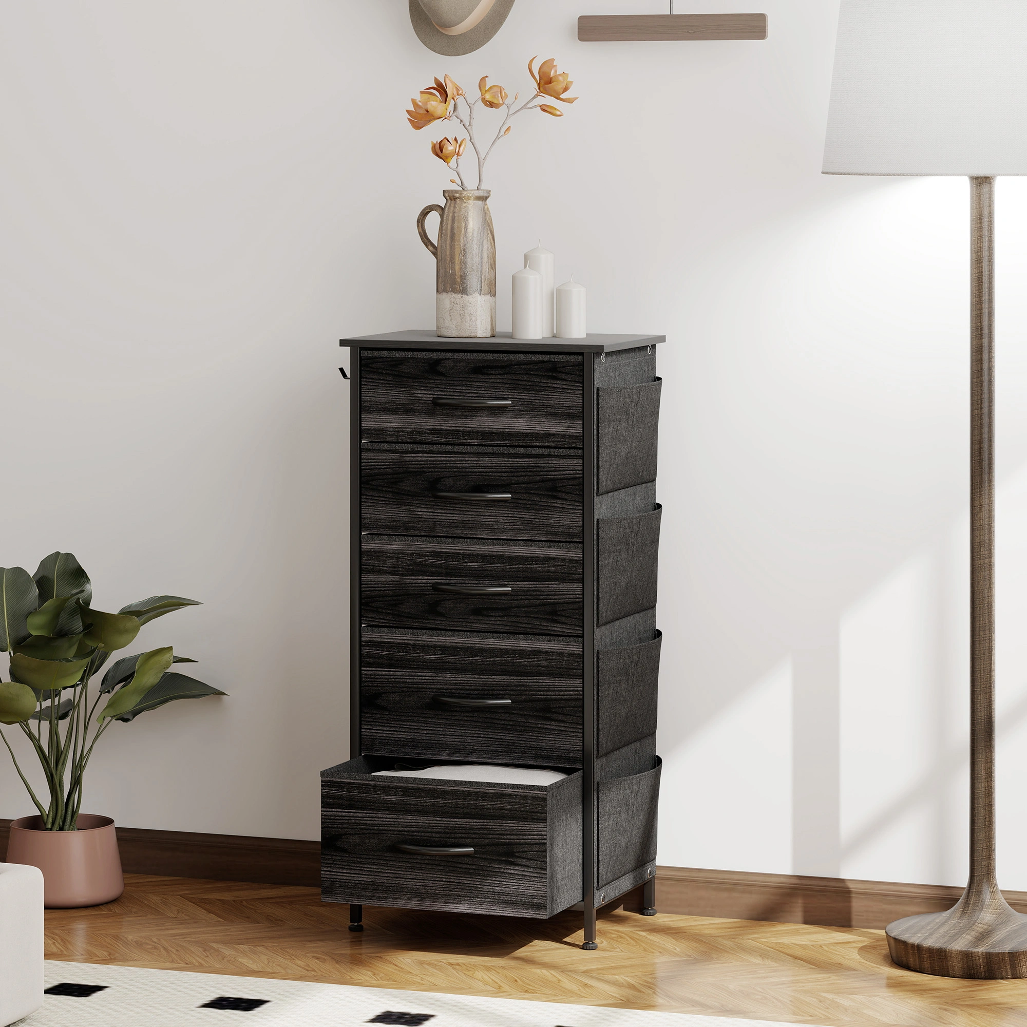 5-Drawer Wooden Storage Tower - Light Walnut Finish Hallway Organizer, Tall Narrow Chest with Smooth Glide Drawers, Modern Entryway
