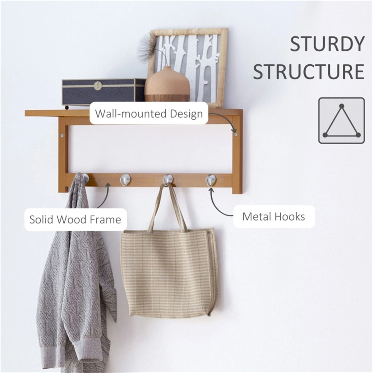 Wall Mounted Coat Rack 6-Hook Wooden Entryway Rack for Jacket Hat Bag Storage