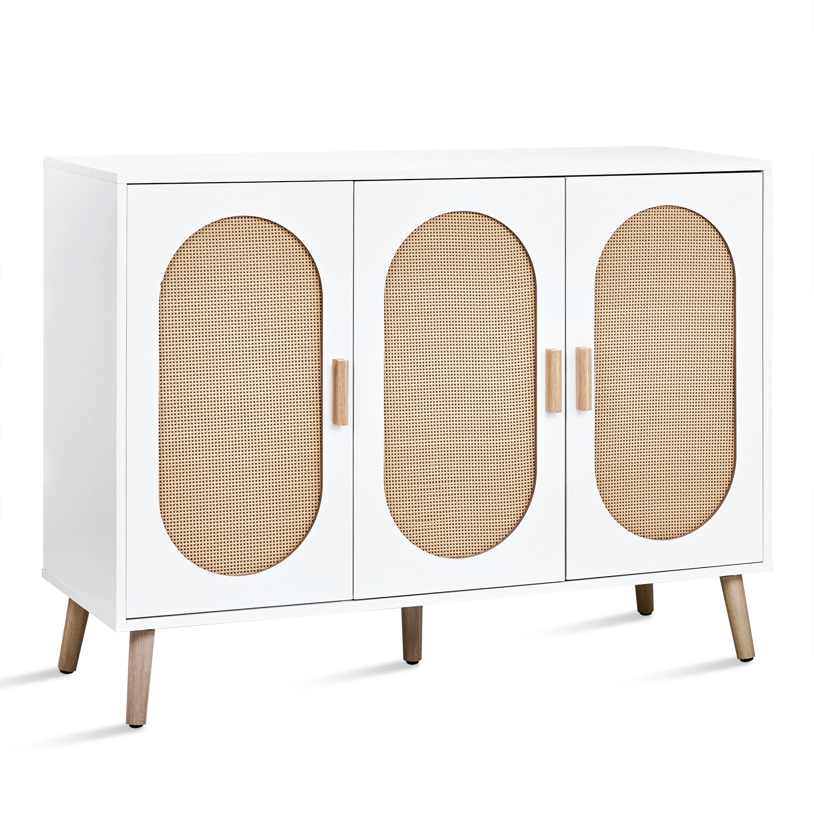 3 Door Standing Cabinet with Oval Rattan Top, 113x40x83.5cm, White Frame, Natural Wood Rattan, Gold Legs, Particleboard & Plastic Rattan Storage Organizer