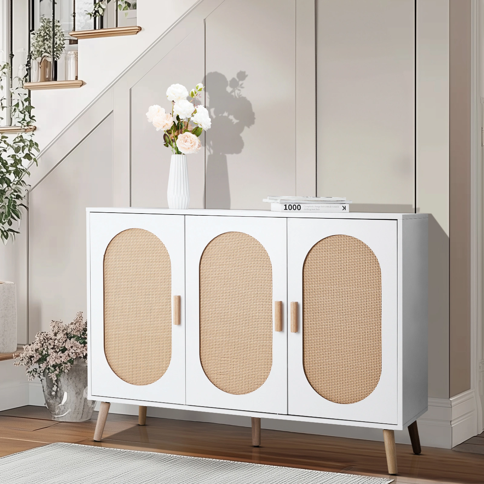 3 Door Standing Cabinet with Oval Rattan Top, 113x40x83.5cm, White Frame, Natural Wood Rattan, Gold Legs, Particleboard & Plastic Rattan Storage Organizer view 13