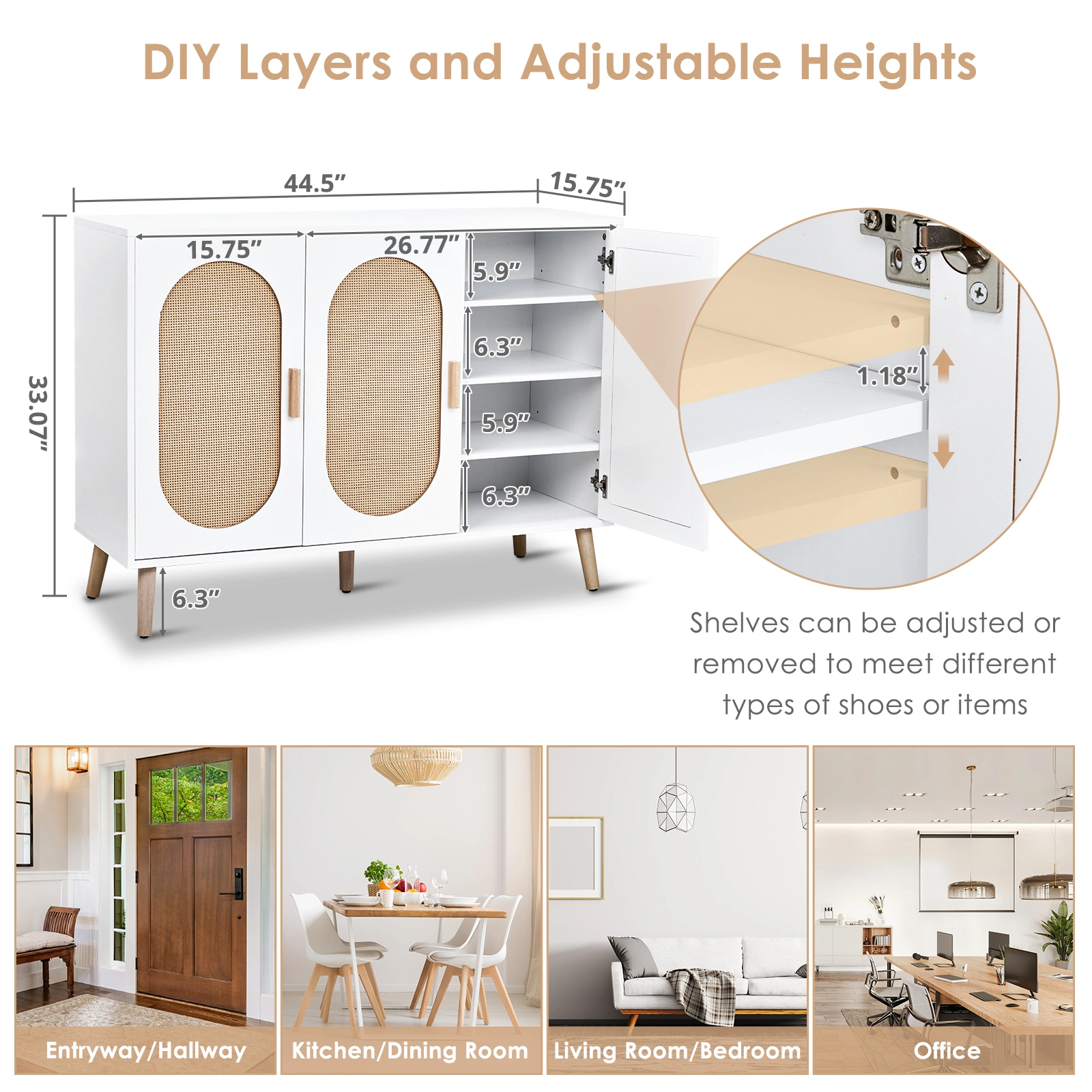 3 Door Standing Cabinet with Oval Rattan Top, 113x40x83.5cm, White Frame, Natural Wood Rattan, Gold Legs, Particleboard & Plastic Rattan Storage Organizer view 3