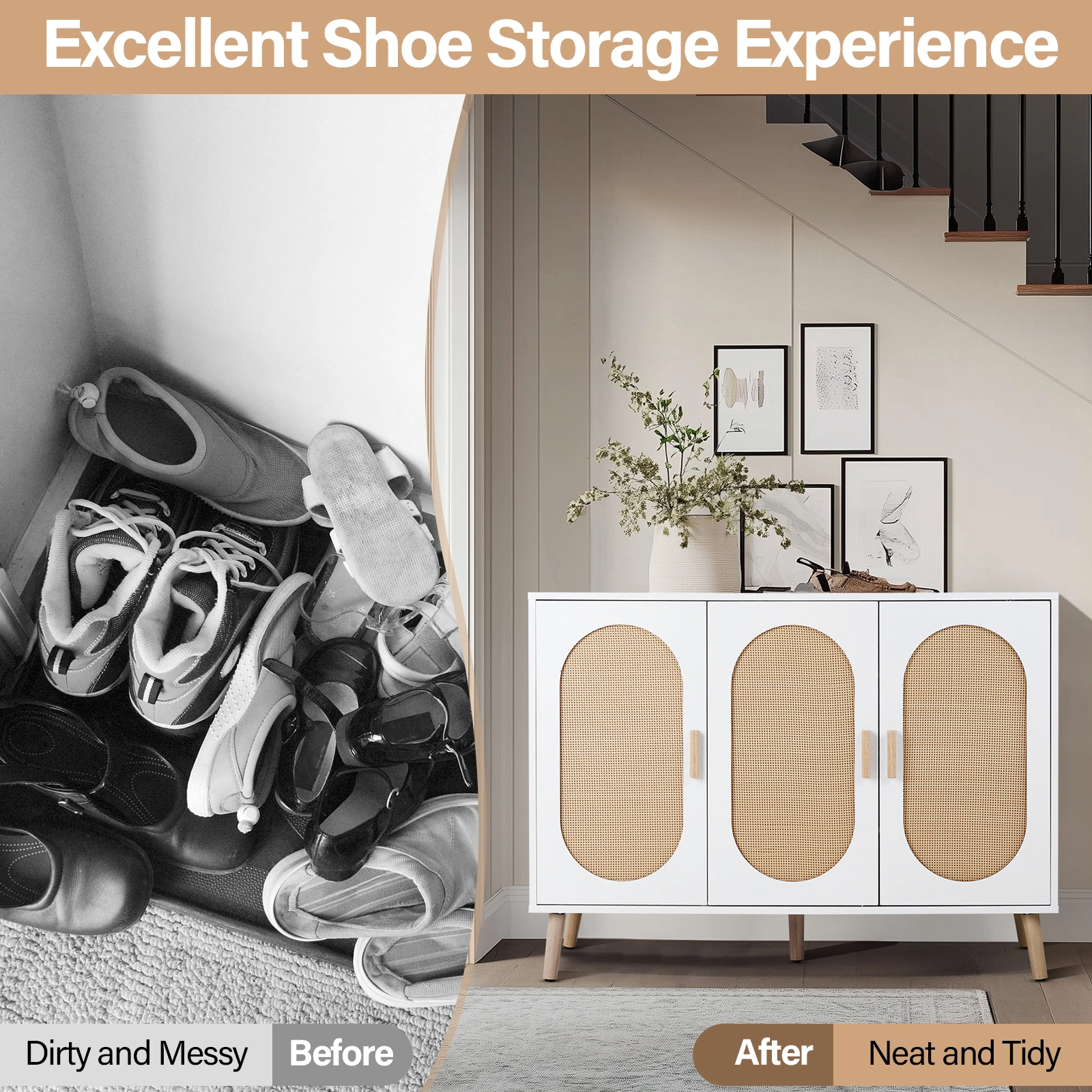 3 Door Standing Cabinet with Oval Rattan Top, 113x40x83.5cm, White Frame, Natural Wood Rattan, Gold Legs, Particleboard & Plastic Rattan Storage Organizer view 5