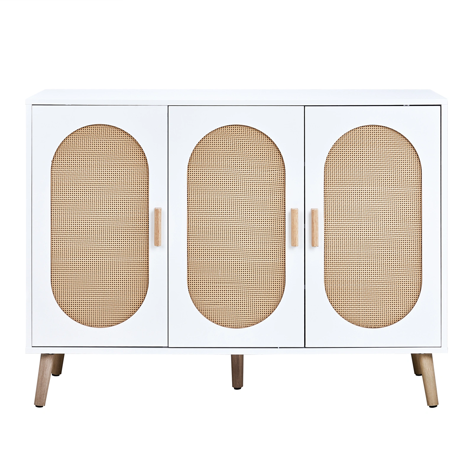 3 Door Standing Cabinet with Oval Rattan Top, 113x40x83.5cm, White Frame, Natural Wood Rattan, Gold Legs, Particleboard & Plastic Rattan Storage Organizer view 6