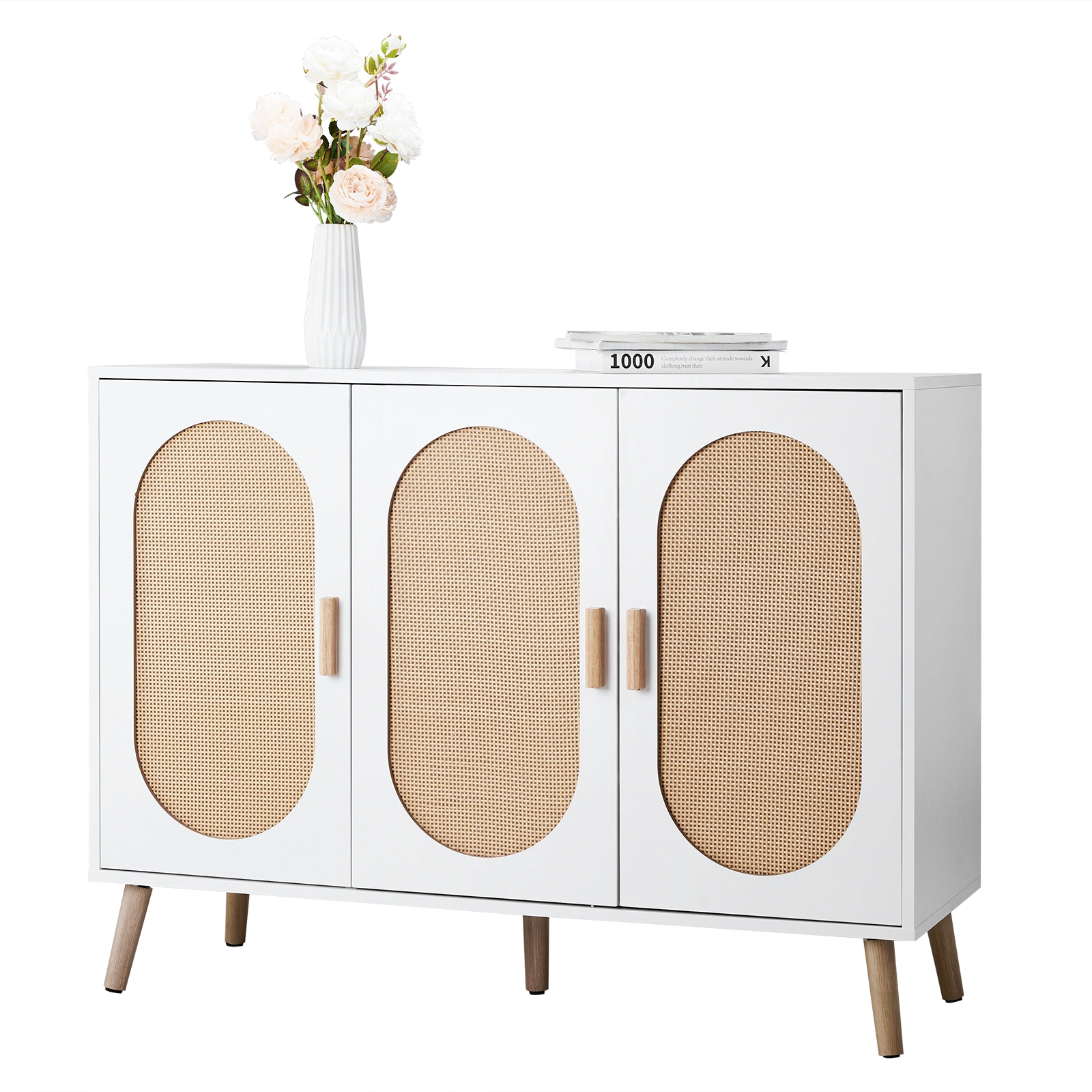 3 Door Standing Cabinet with Oval Rattan Top, 113x40x83.5cm, White Frame, Natural Wood Rattan, Gold Legs, Particleboard & Plastic Rattan Storage Organizer view 7