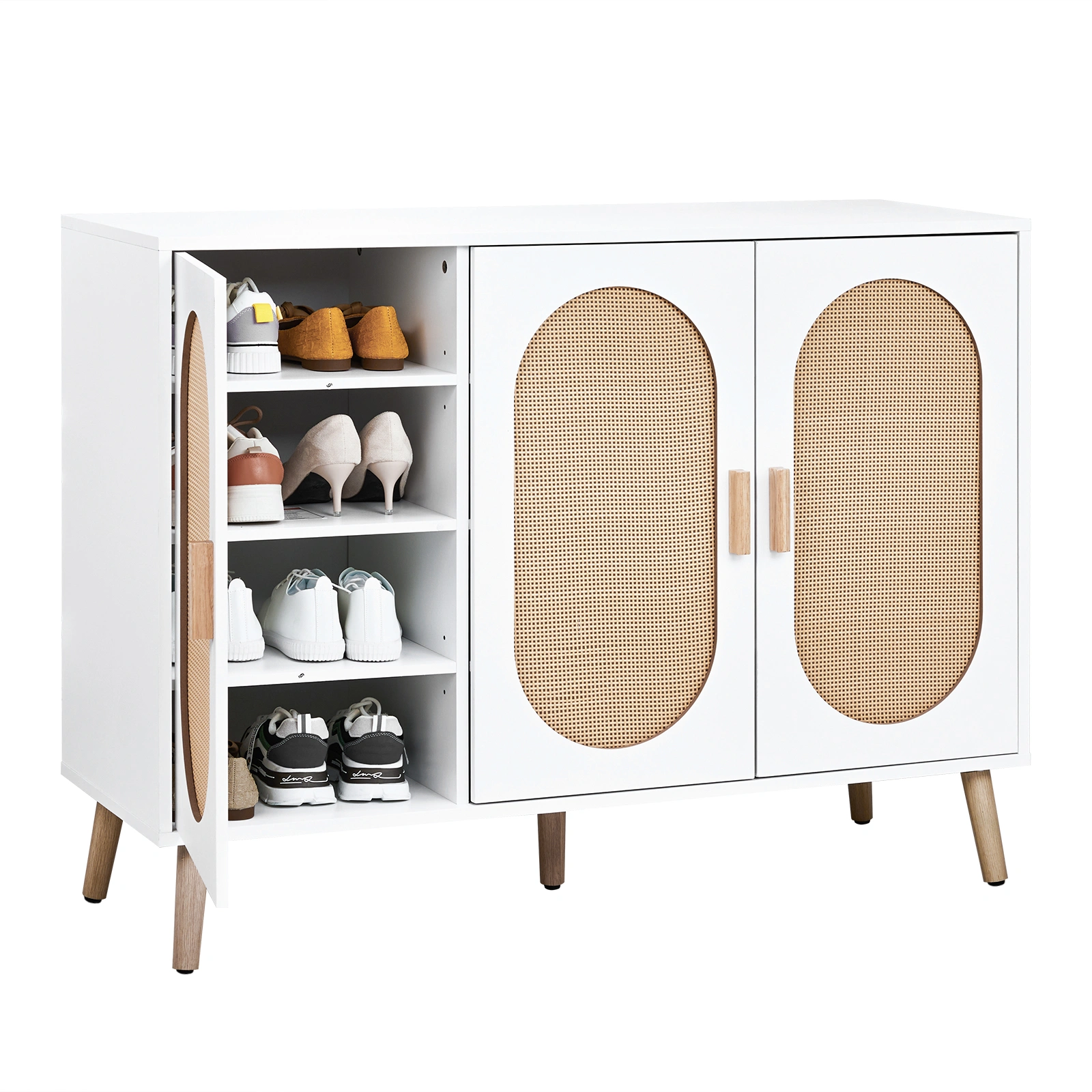3 Door Standing Cabinet with Oval Rattan Top, 113x40x83.5cm, White Frame, Natural Wood Rattan, Gold Legs, Particleboard & Plastic Rattan Storage Organizer view 8